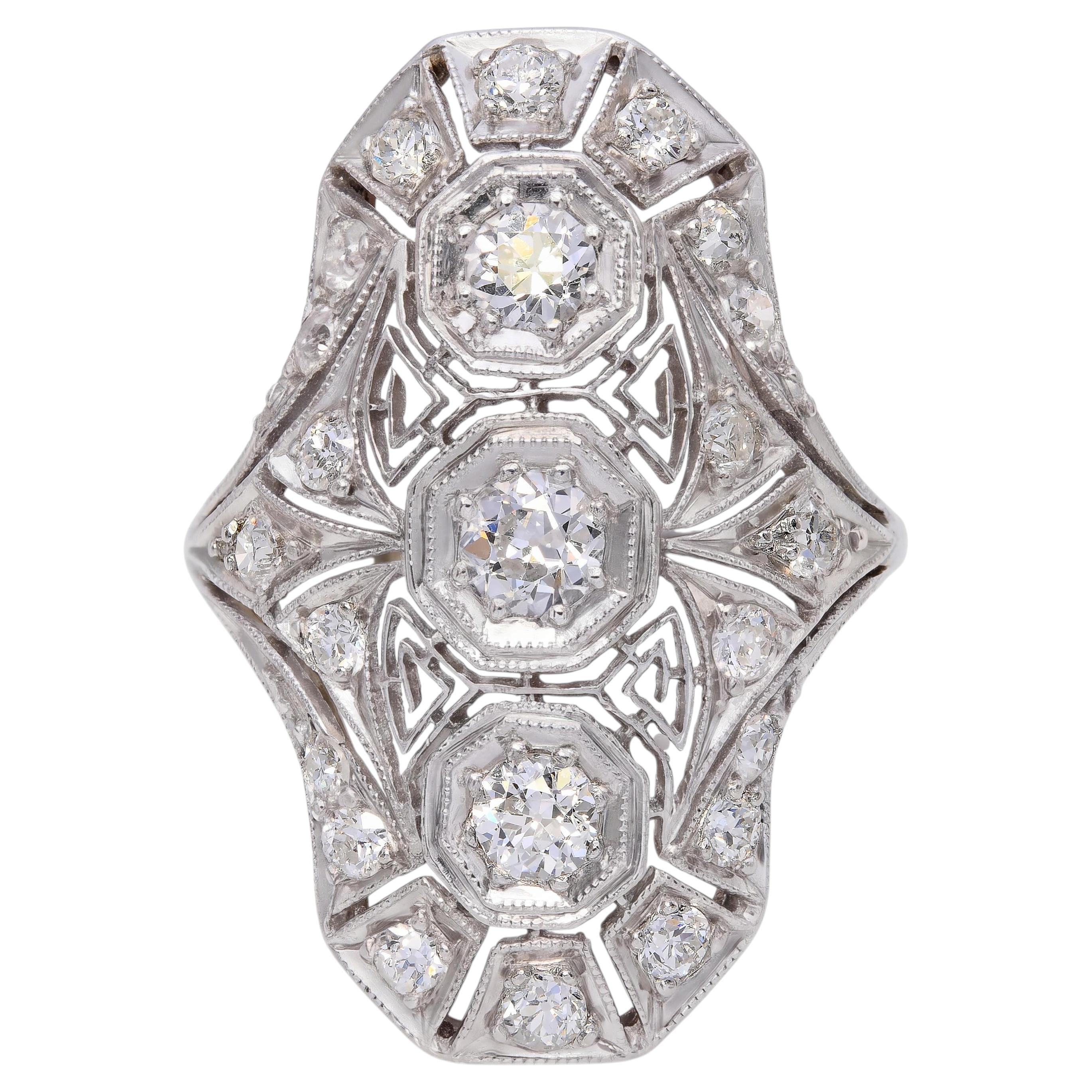 Art Deco Platinum Topped 14k White Gold Diamond Dinner Ring