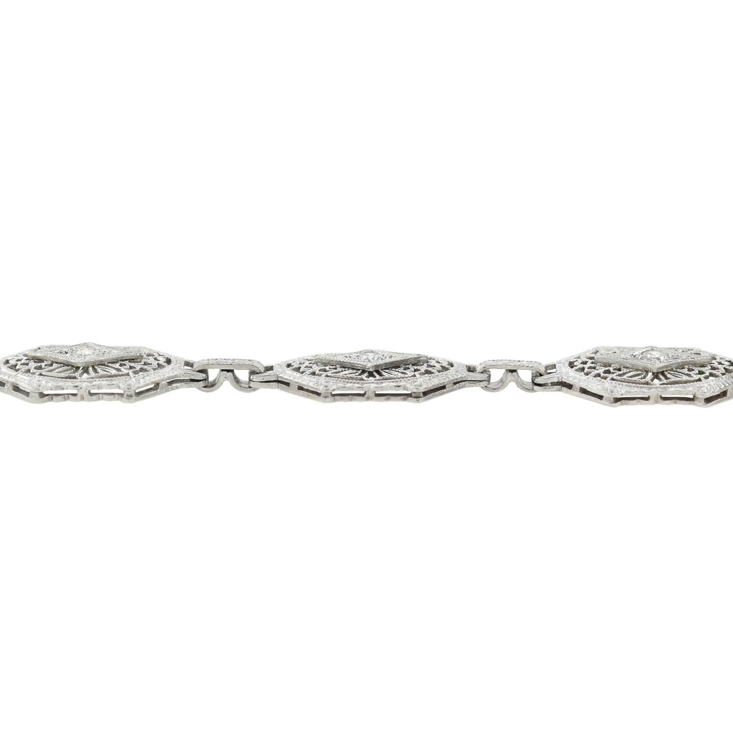 Round Cut Art Deco Platinum-Topped 14 Karat Diamond Filigree Link Bracelet