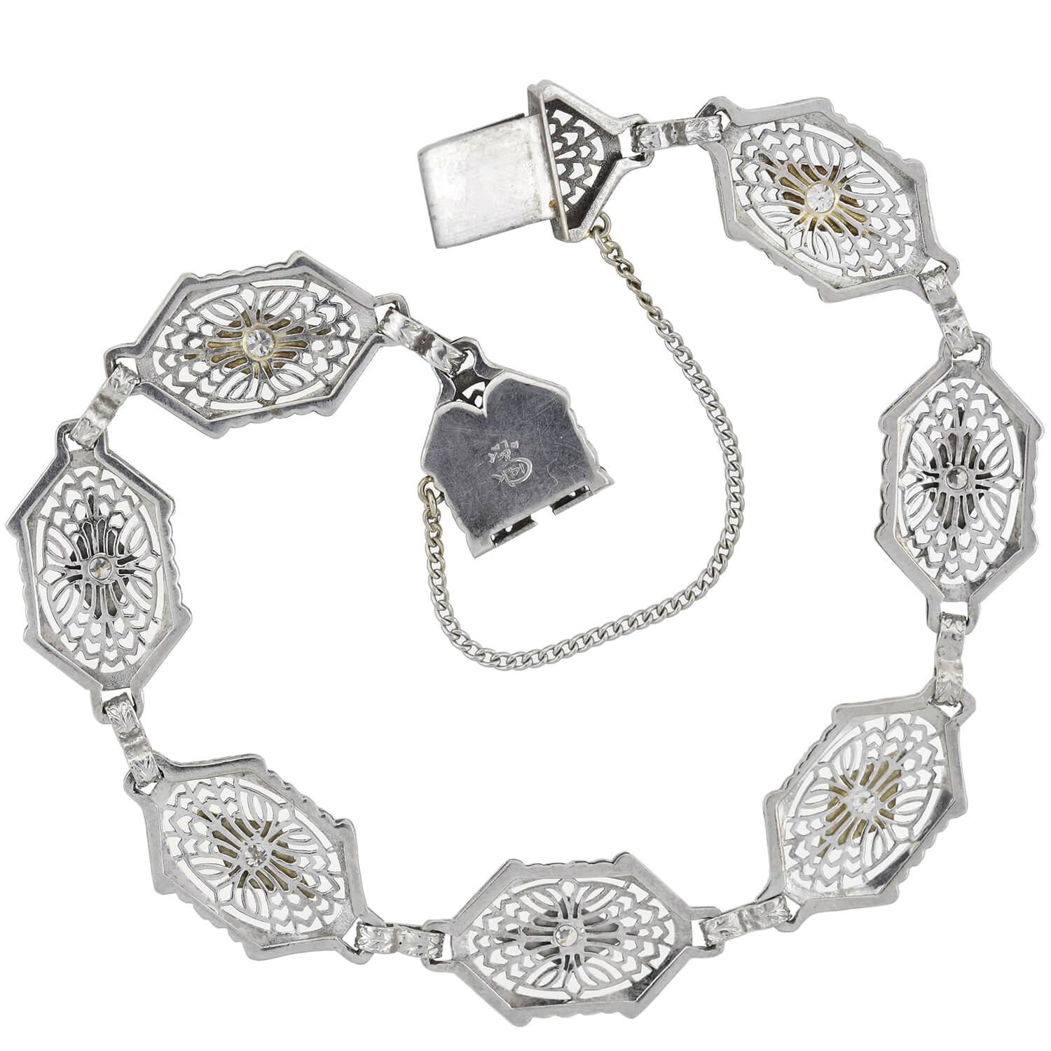 Women's Art Deco Platinum-Topped 14 Karat Diamond Filigree Link Bracelet