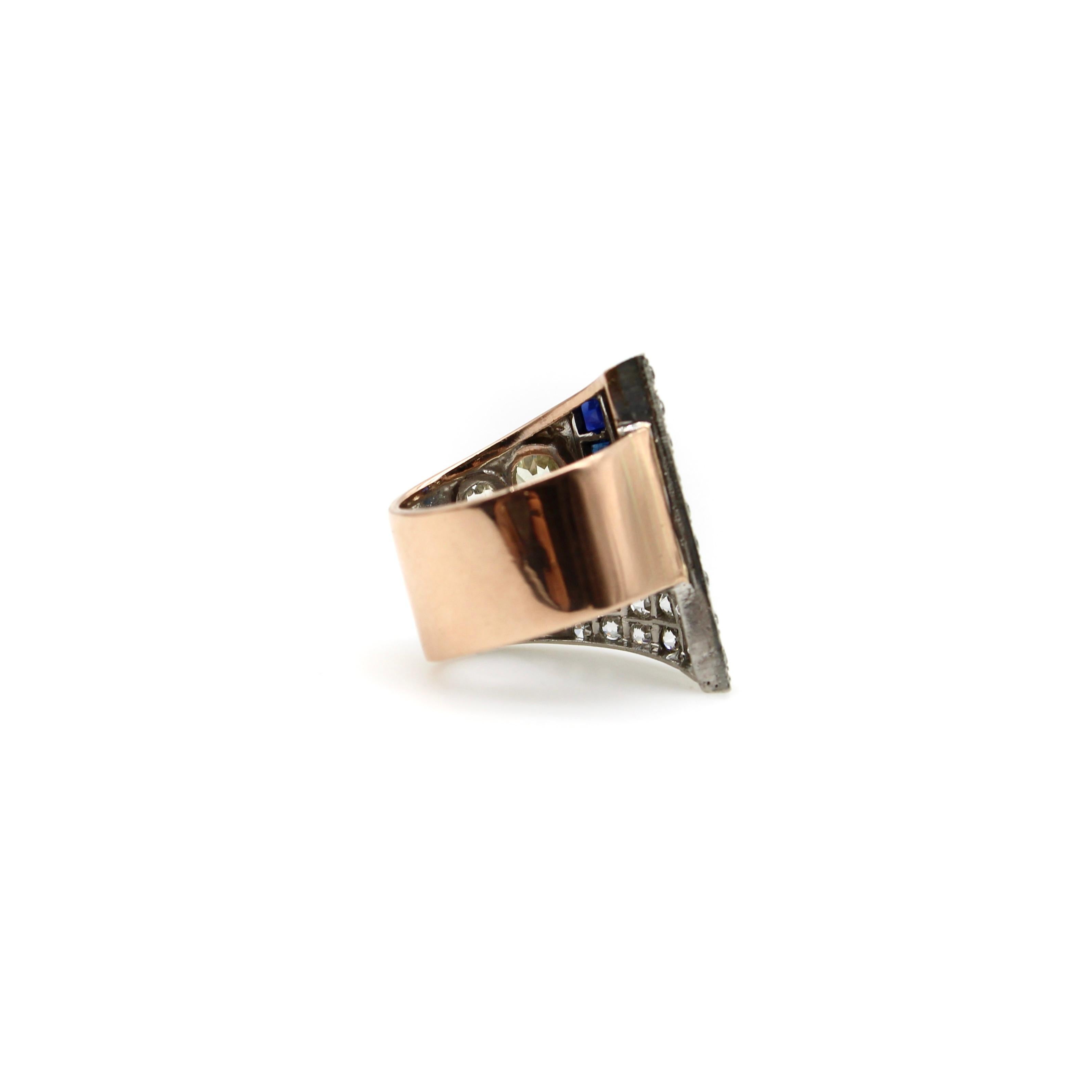 Women's or Men's Art Deco Platinum Topped Diamond and Sapphire Ring with 14K Gold Shank For Sale