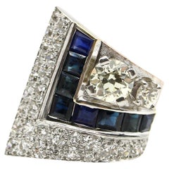 Art Deco Platinum Topped Diamond and Sapphire Ring with 14K Gold Shank