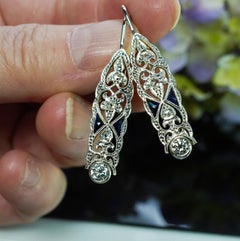 ART DECO Platinum Transitional Rose Diamond French Sapphire Dangling Earrings E