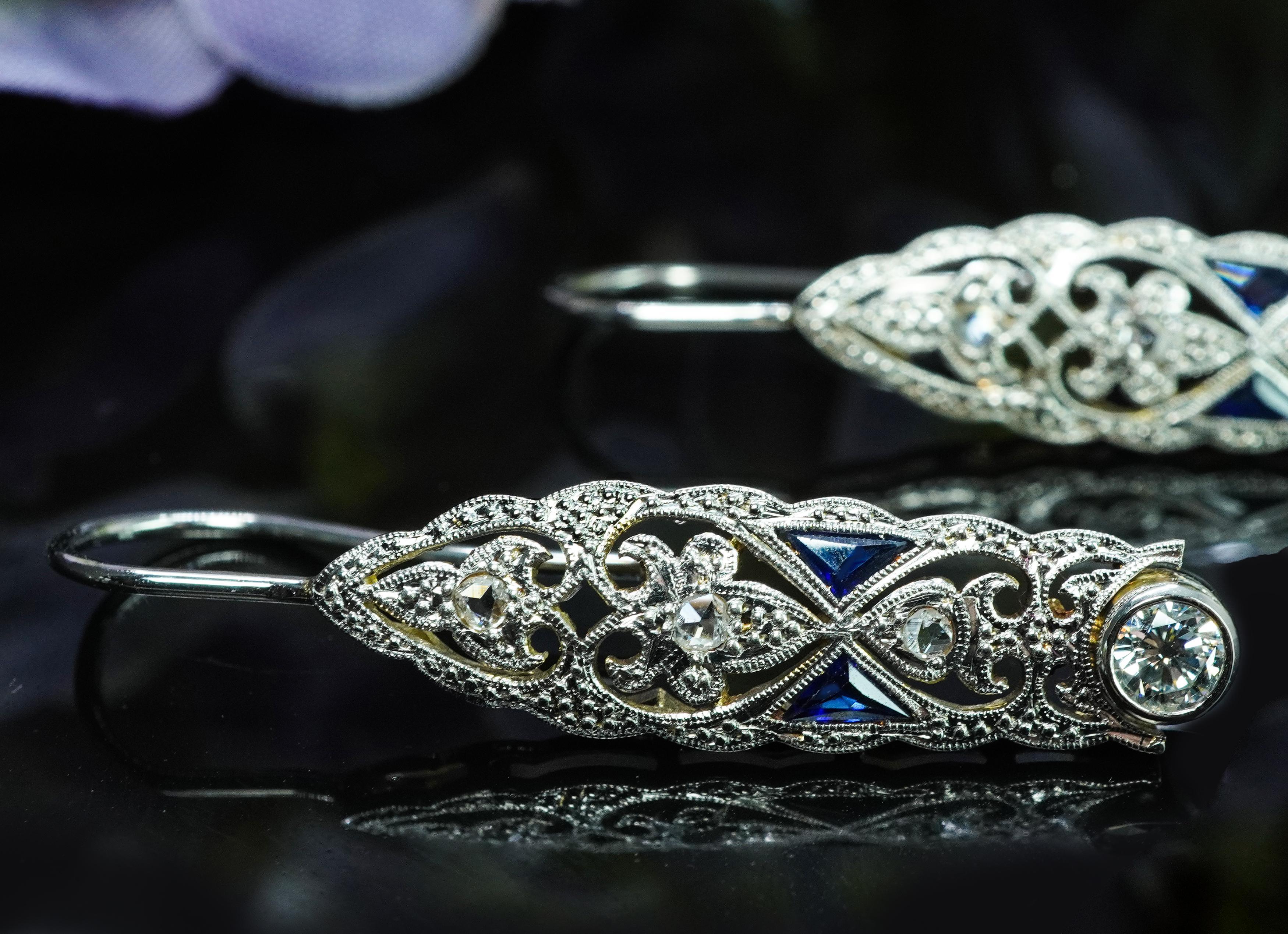 ART DECO Pendientes Colgantes Platino Transición Rosa Diamante Zafiro Francés E Art Decó en venta