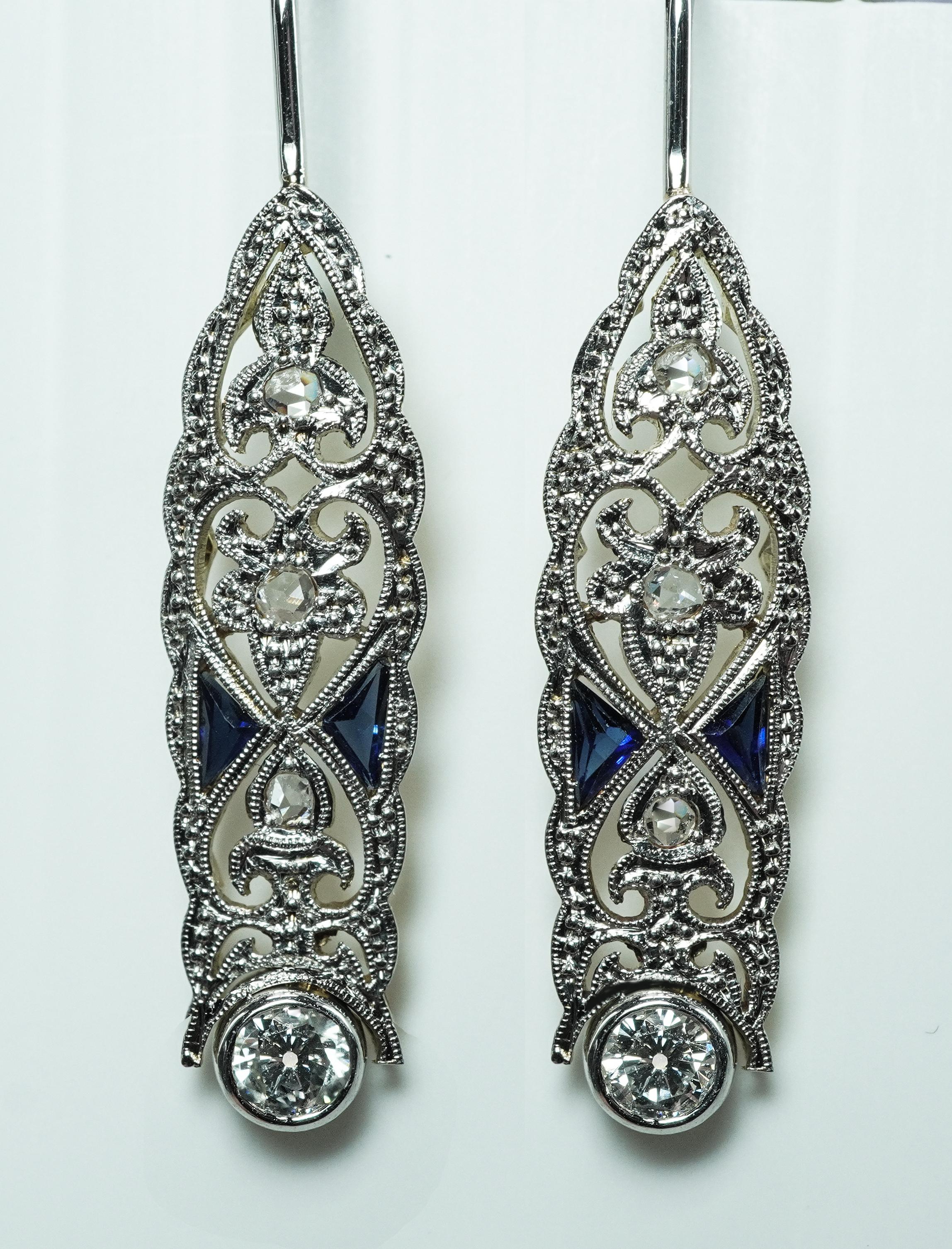 ART DECO Pendientes Colgantes Platino Transición Rosa Diamante Zafiro Francés E Corte redondo en venta