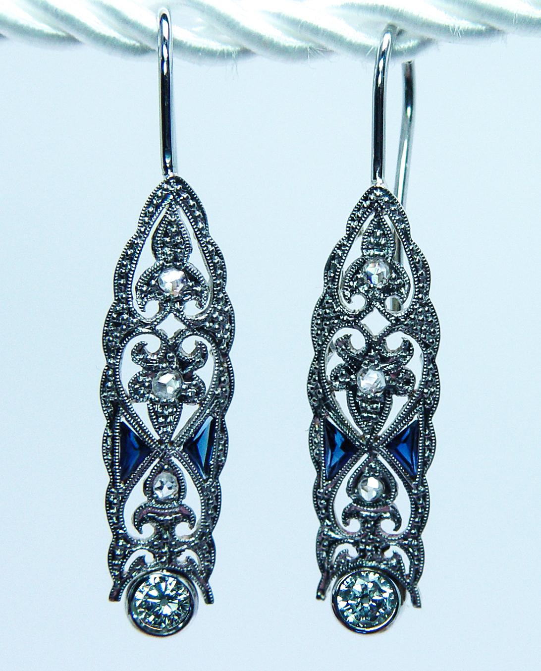 ART DECO Pendientes Colgantes Platino Transición Rosa Diamante Zafiro Francés E en Bueno estado para la venta en Brambleton, US