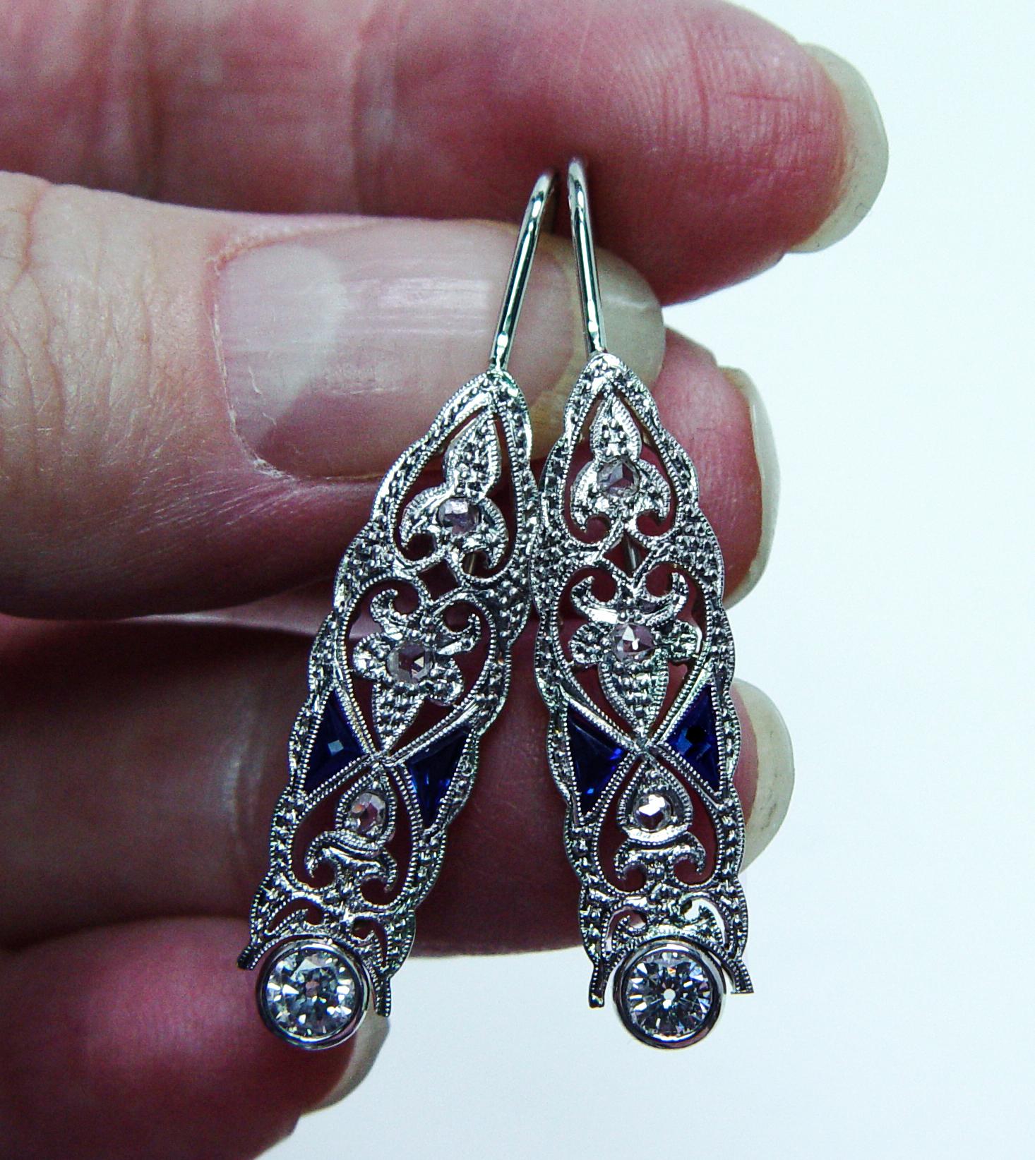 De las mujeres ART DECO Pendientes Colgantes Platino Transición Rosa Diamante Zafiro Francés E en venta