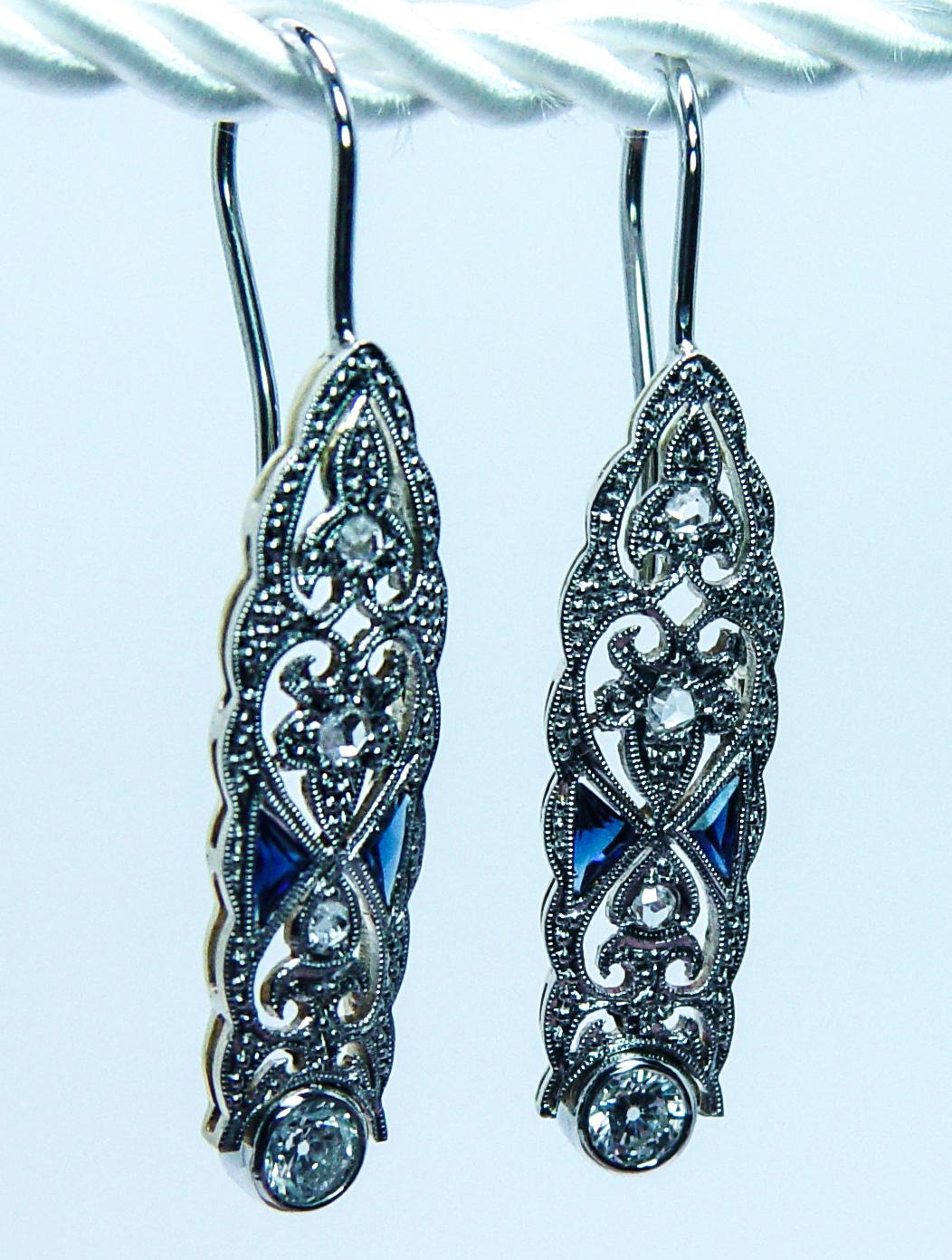ART DECO Pendientes Colgantes Platino Transición Rosa Diamante Zafiro Francés E en venta 1