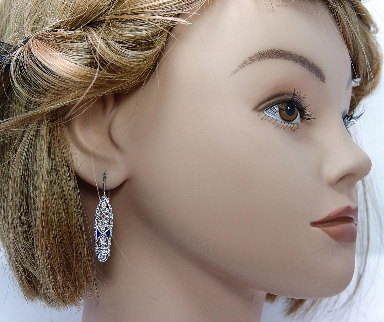ART DECO Pendientes Colgantes Platino Transición Rosa Diamante Zafiro Francés E en venta 3
