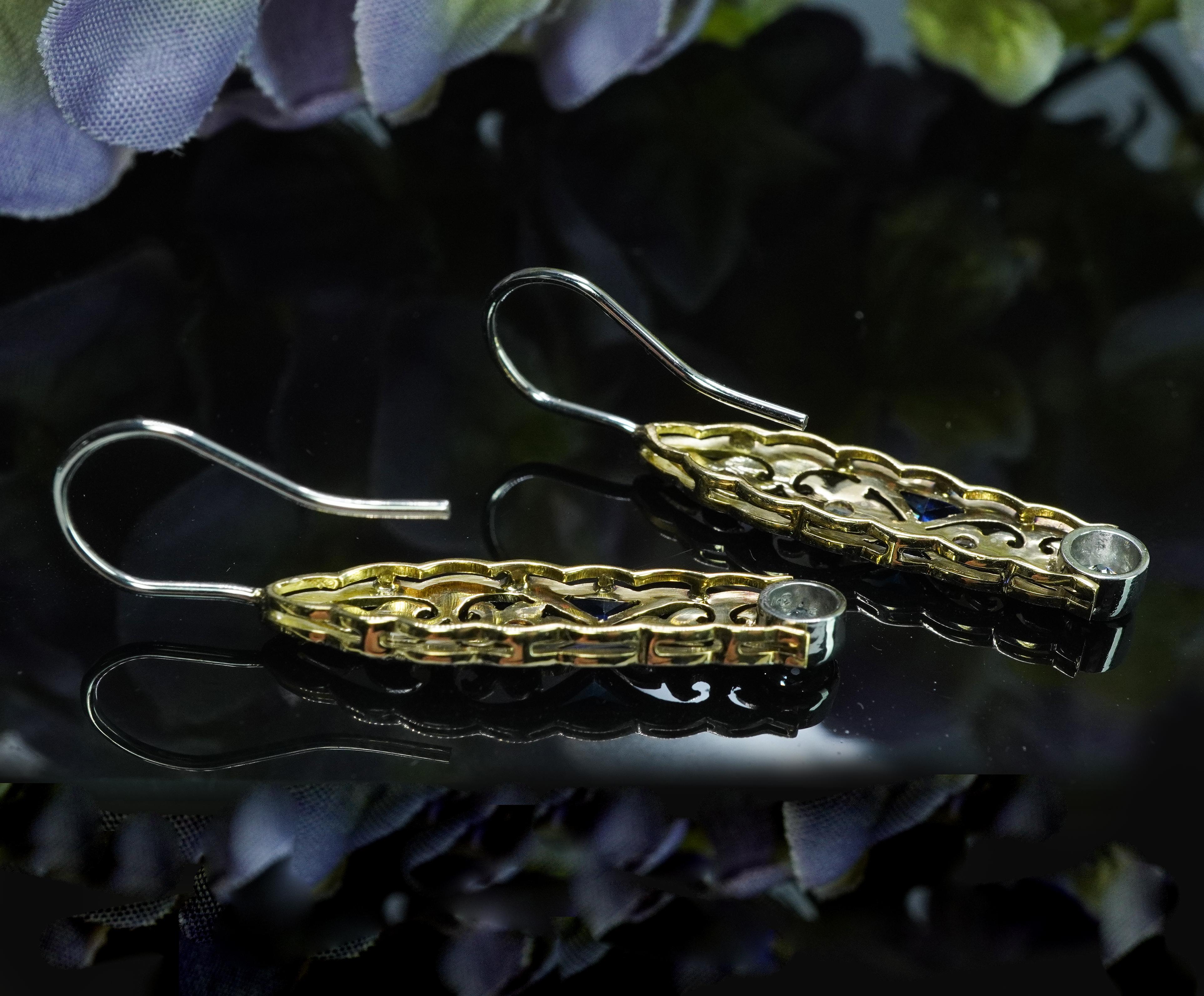 ART DECO Pendientes Colgantes Platino Transición Rosa Diamante Zafiro Francés E en venta 2