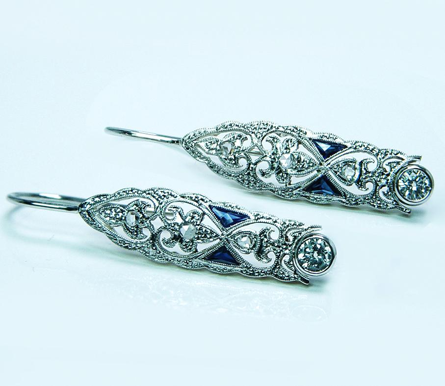 ART DECO Pendientes Colgantes Platino Transición Rosa Diamante Zafiro Francés E en venta 4
