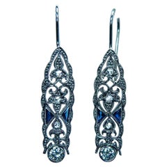 Pendants d'oreilles art déco en platine, diamant rose transitionnel et saphir français