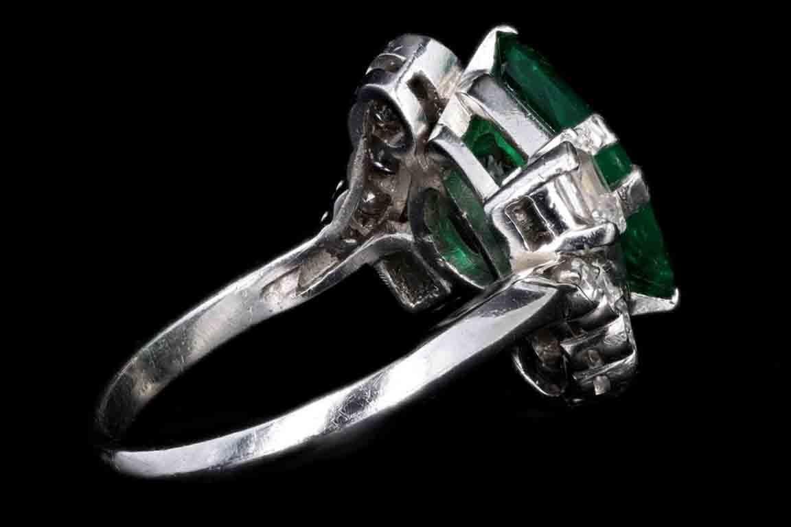 Single Cut Art Deco Platinum Triangular Cut Colombian Emerald & Half Moon Cut Diamond Ring