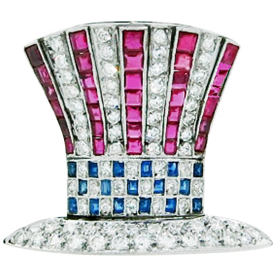 Art Deco Platinum Uncle Sam's Hat Brooch in Red White and Blue Gemstones For Sale