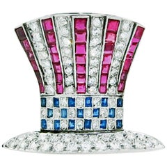 Art Deco Platinum Uncle Sam's Hat Brooch in Red White and Blue Gemstones