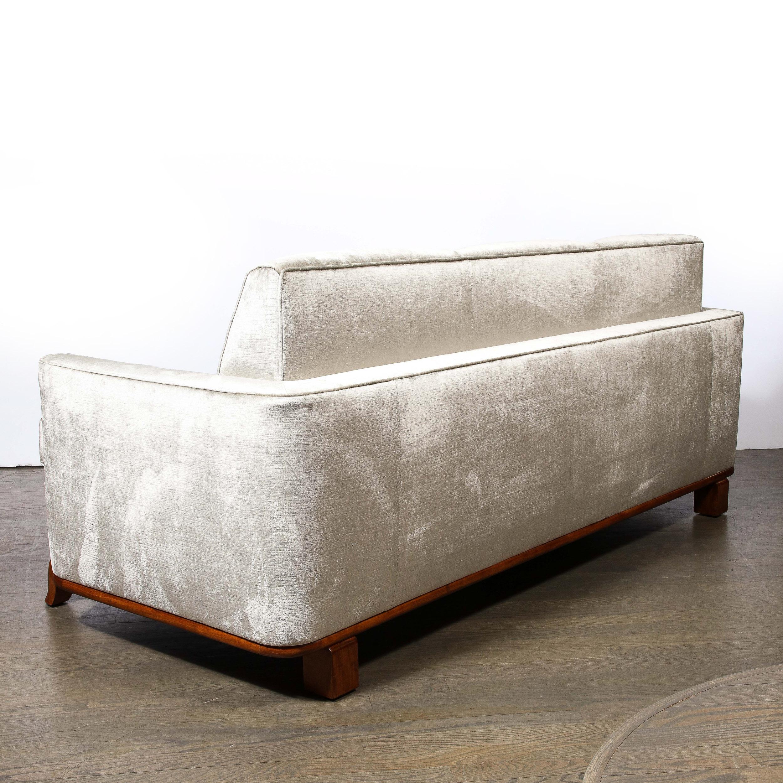 Art Deco Platinum Velvet Sofa w/ Walnut Base & Legs by Eugene Schoen 7
