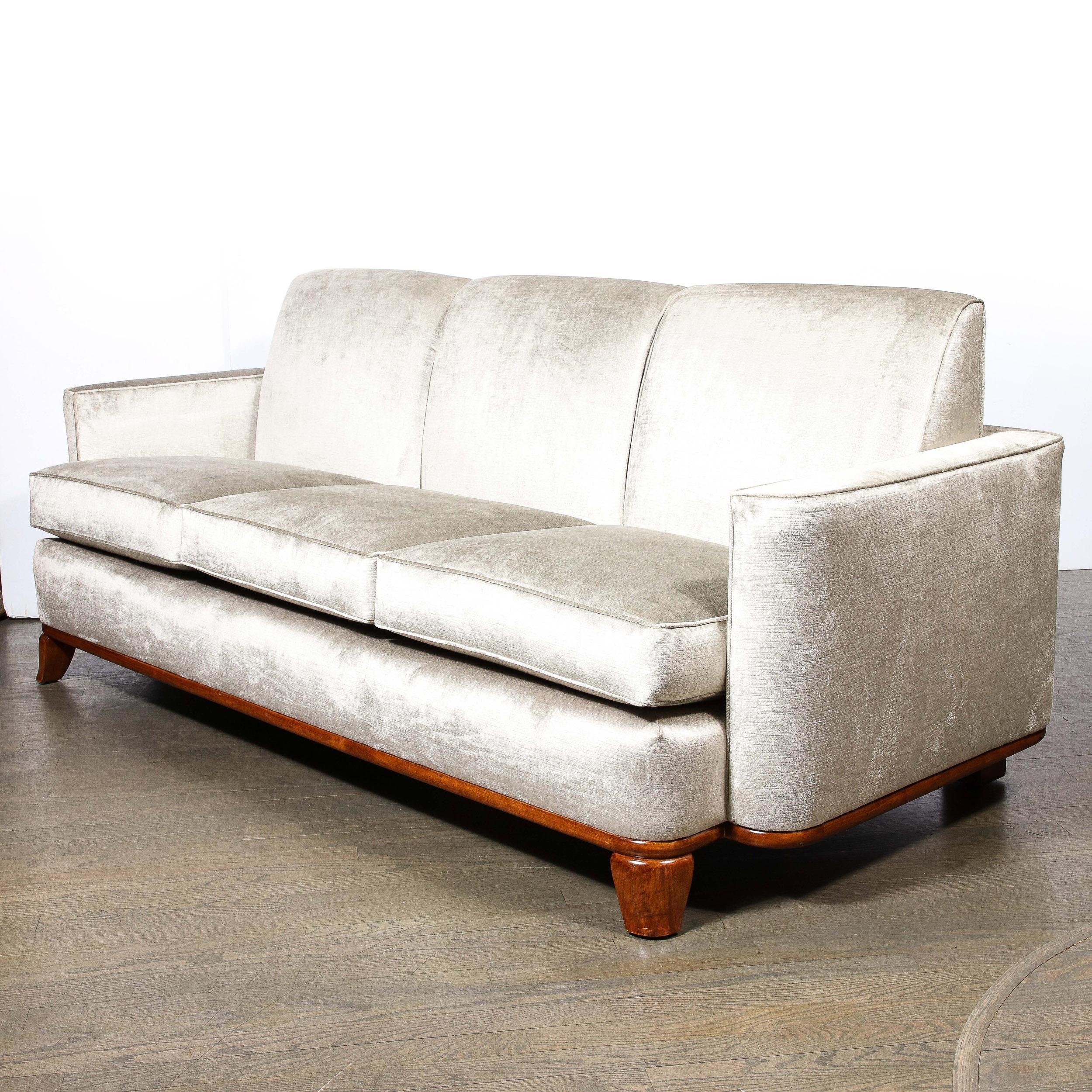 Art Deco Platinum Velvet Sofa w/ Walnut Base & Legs by Eugene Schoen 11