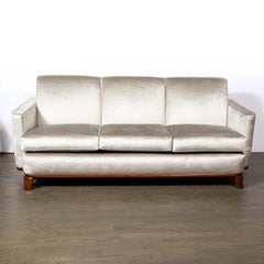 Art Deco Platinum Velvet Sofa w/ Walnut Base & Legs by Eugene Schoen