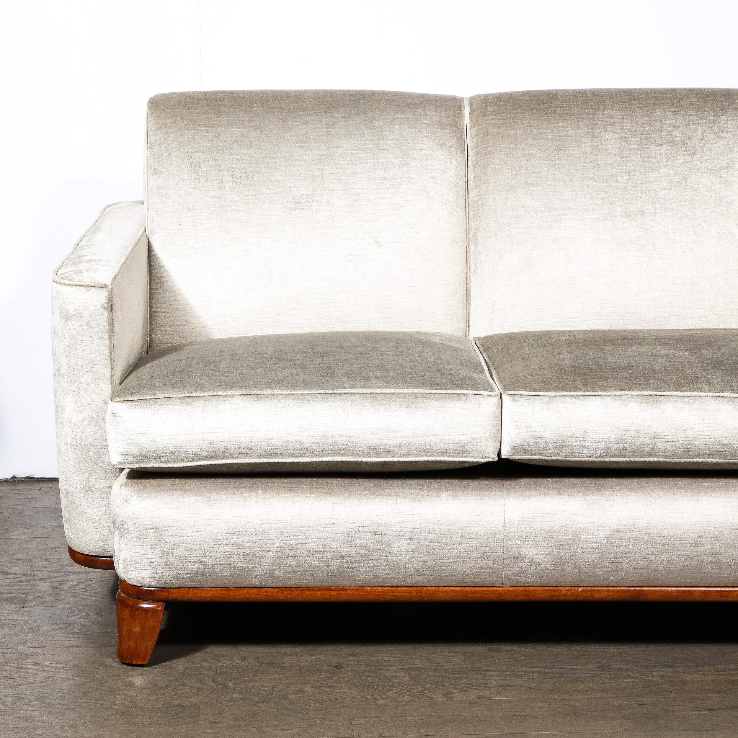 American Art Deco Platinum Velvet Sofa w/ Walnut Base & Legs by Eugene Schoen