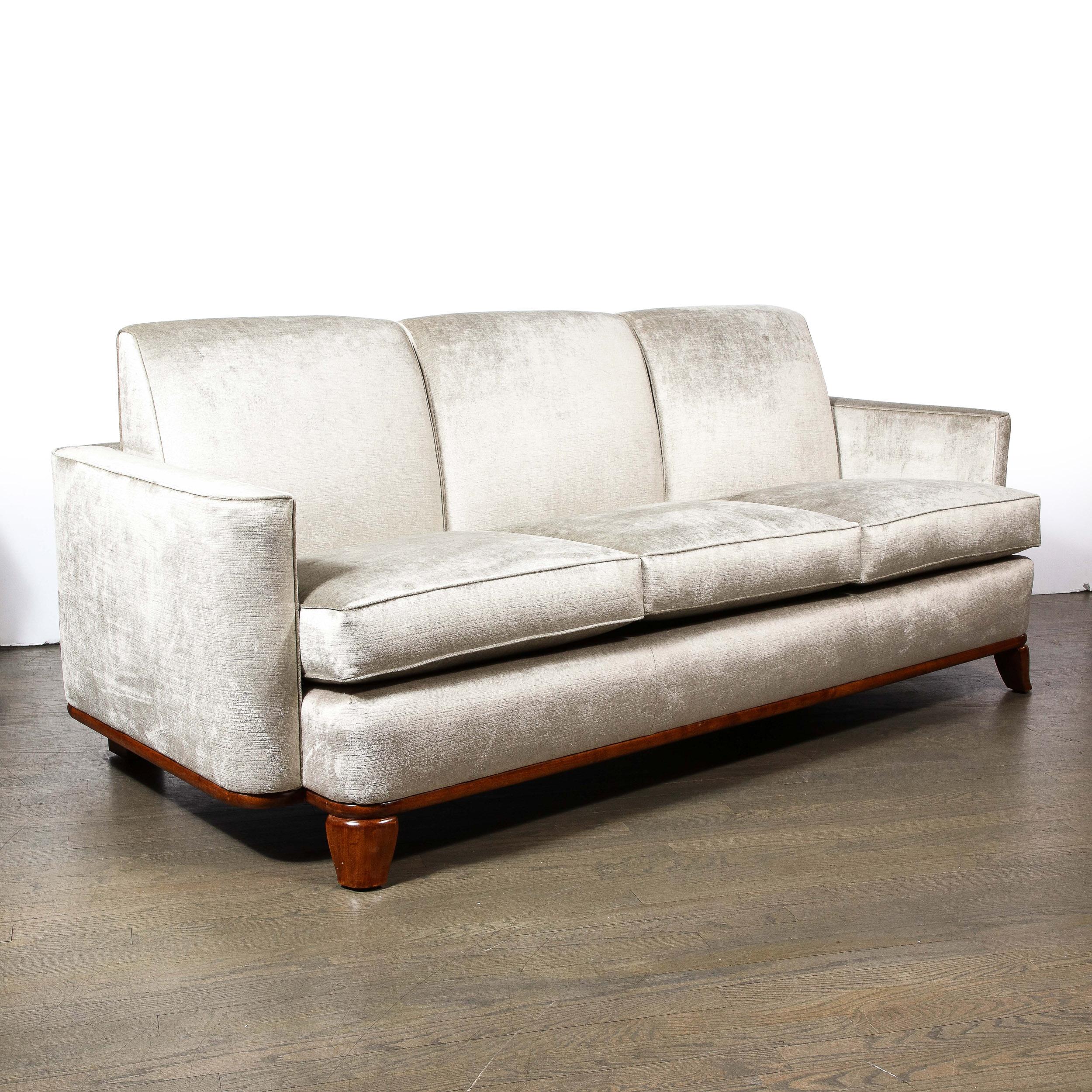 Mid-20th Century Art Deco Platinum Velvet Sofa w/ Walnut Base & Legs by Eugene Schoen