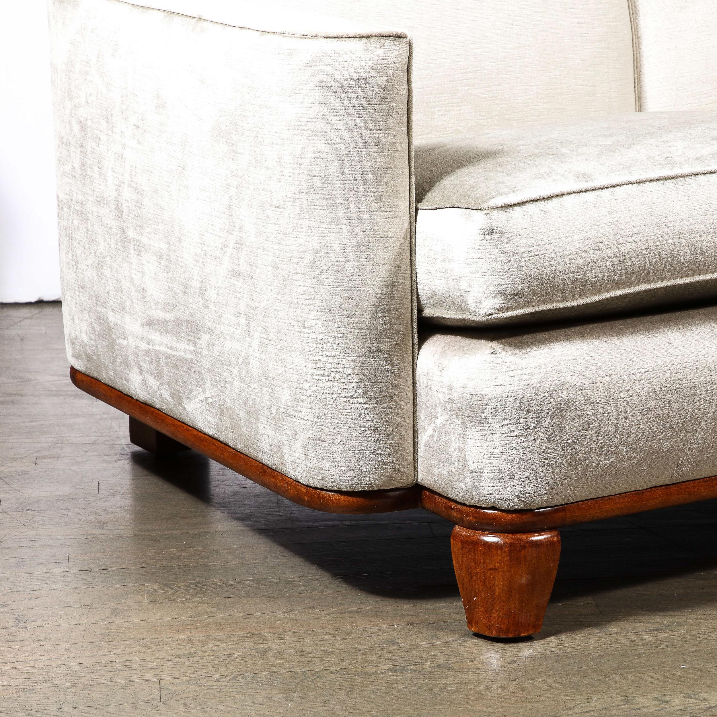 Art Deco Platinum Velvet Sofa w/ Walnut Base & Legs by Eugene Schoen 1