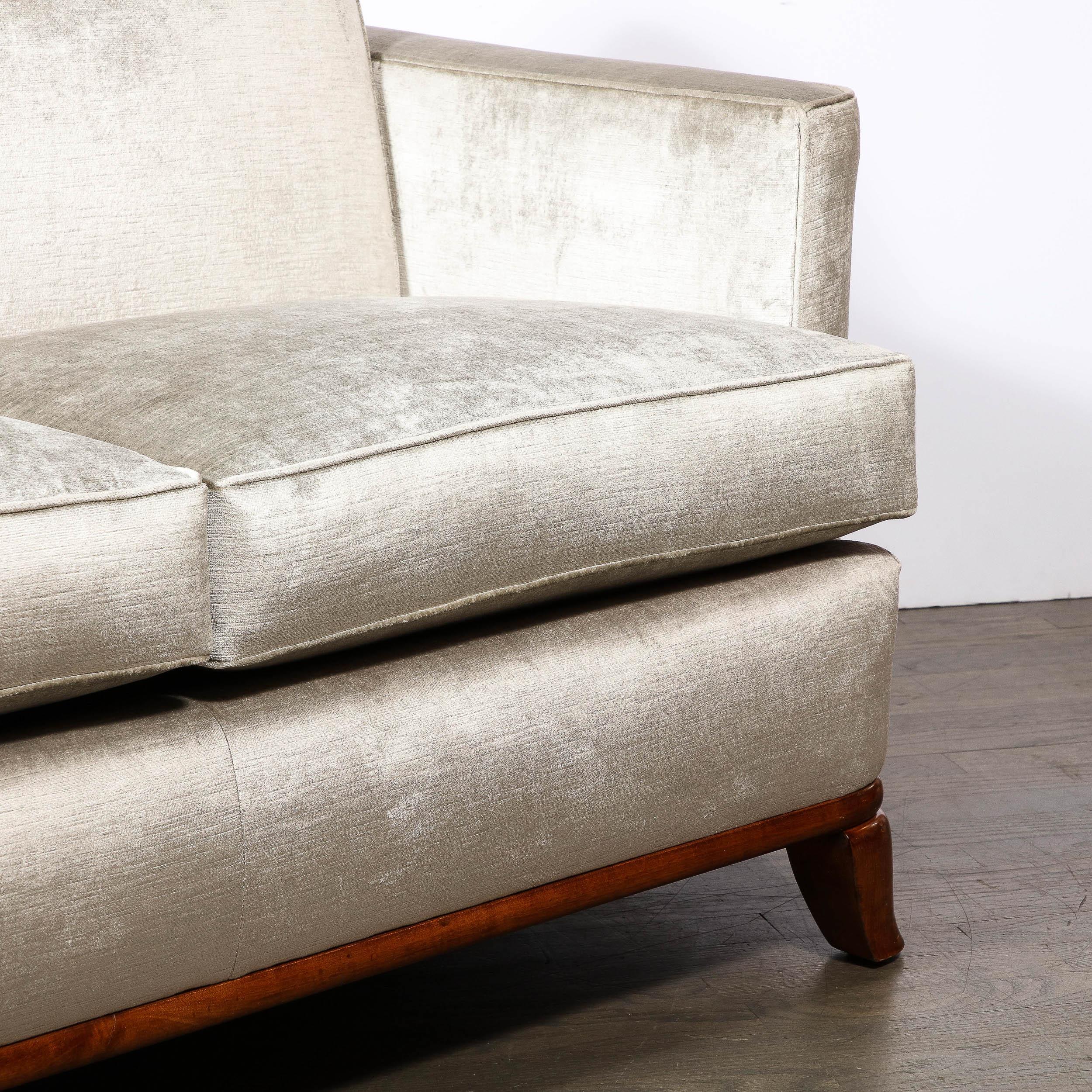 Art Deco Platinum Velvet Sofa w/ Walnut Base & Legs by Eugene Schoen 2