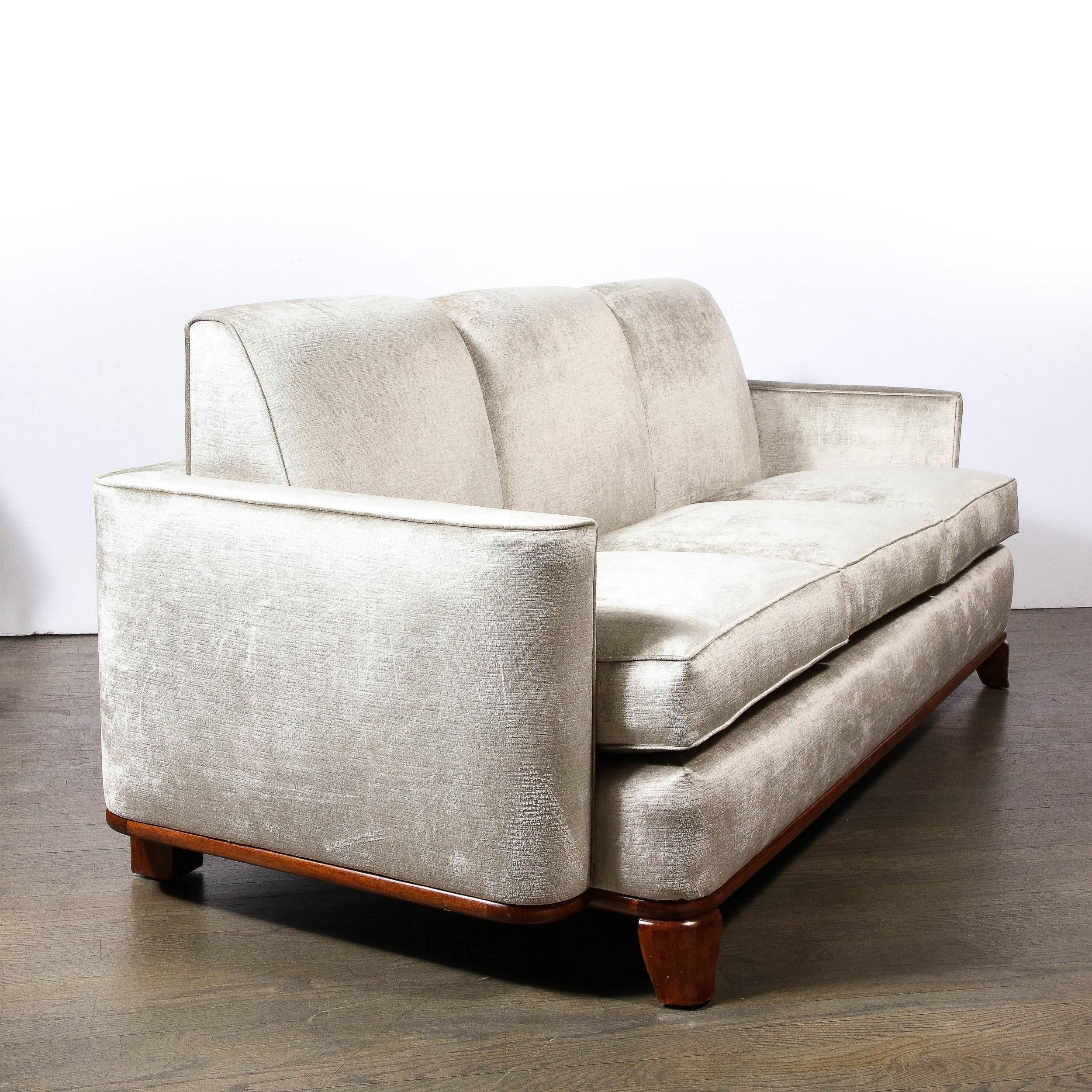 Art Deco Platinum Velvet Sofa w/ Walnut Base & Legs by Eugene Schoen 3