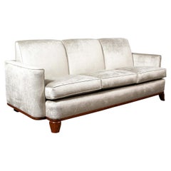 Art Deco Platinum Velvet Sofa w/ Walnut Base & Legs by Eugene Schoen
