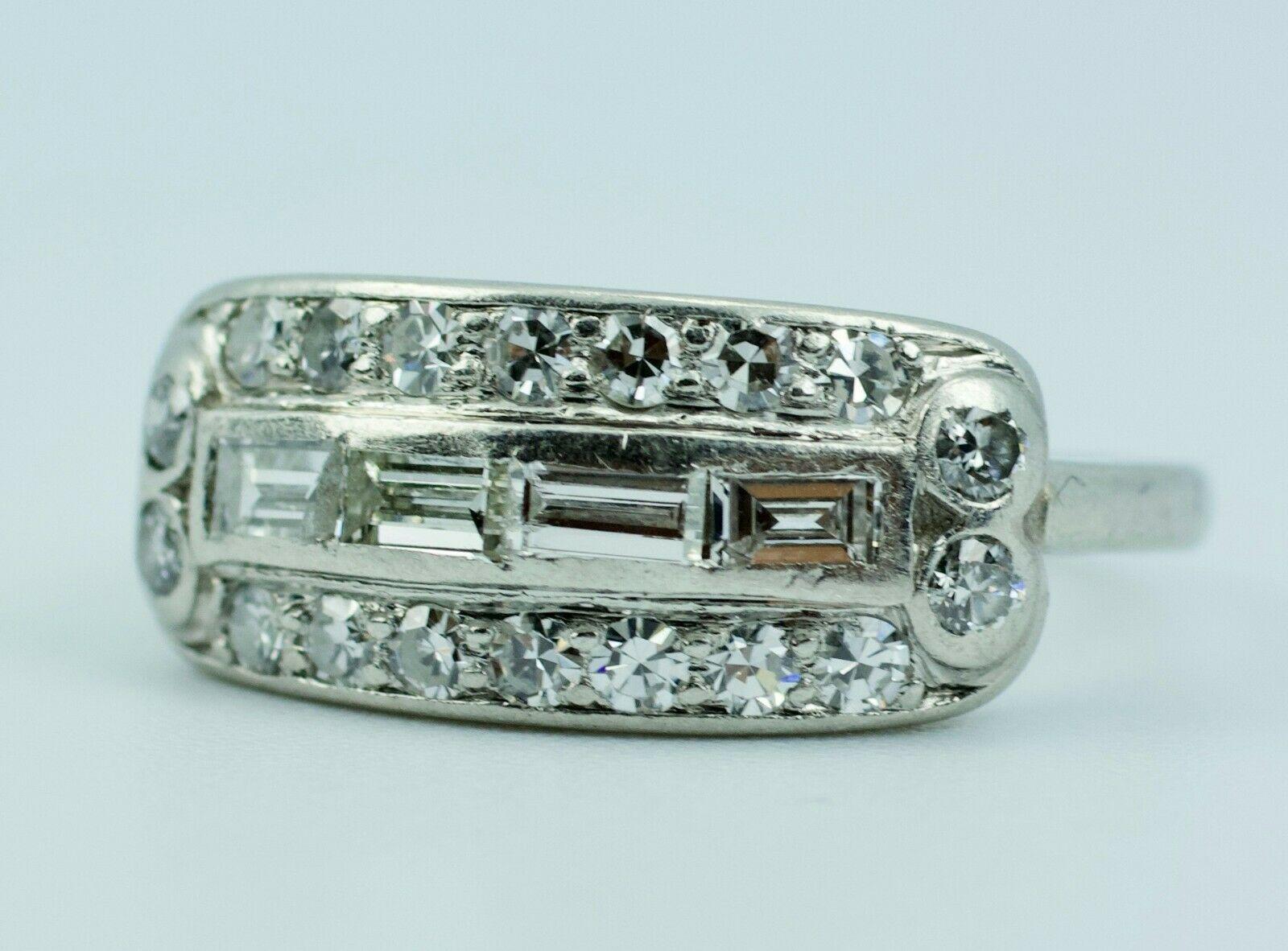 Art Deco Platinum White Baguette Cut Diamonds and Round Single Cut Diamond Band 7