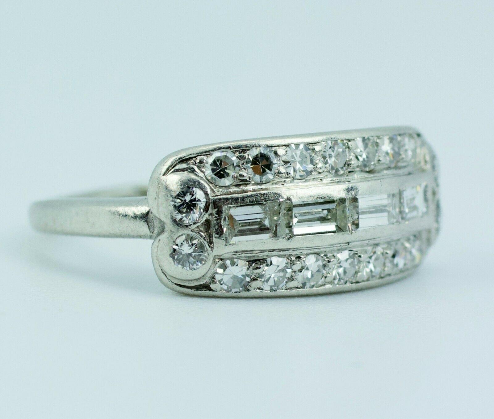 Art Deco Platinum Round Single Cut And Baguette Diamond Ring 

Size 5

4.1 Grams

Round Single Cut Diamonds 0.14 Carats Total Weight

4 Baguette Cut Diamonds 0.36 Carats Total Weight

Color: G-H Clarity: VS2

This is a gorgeous 10% Iridium 90%