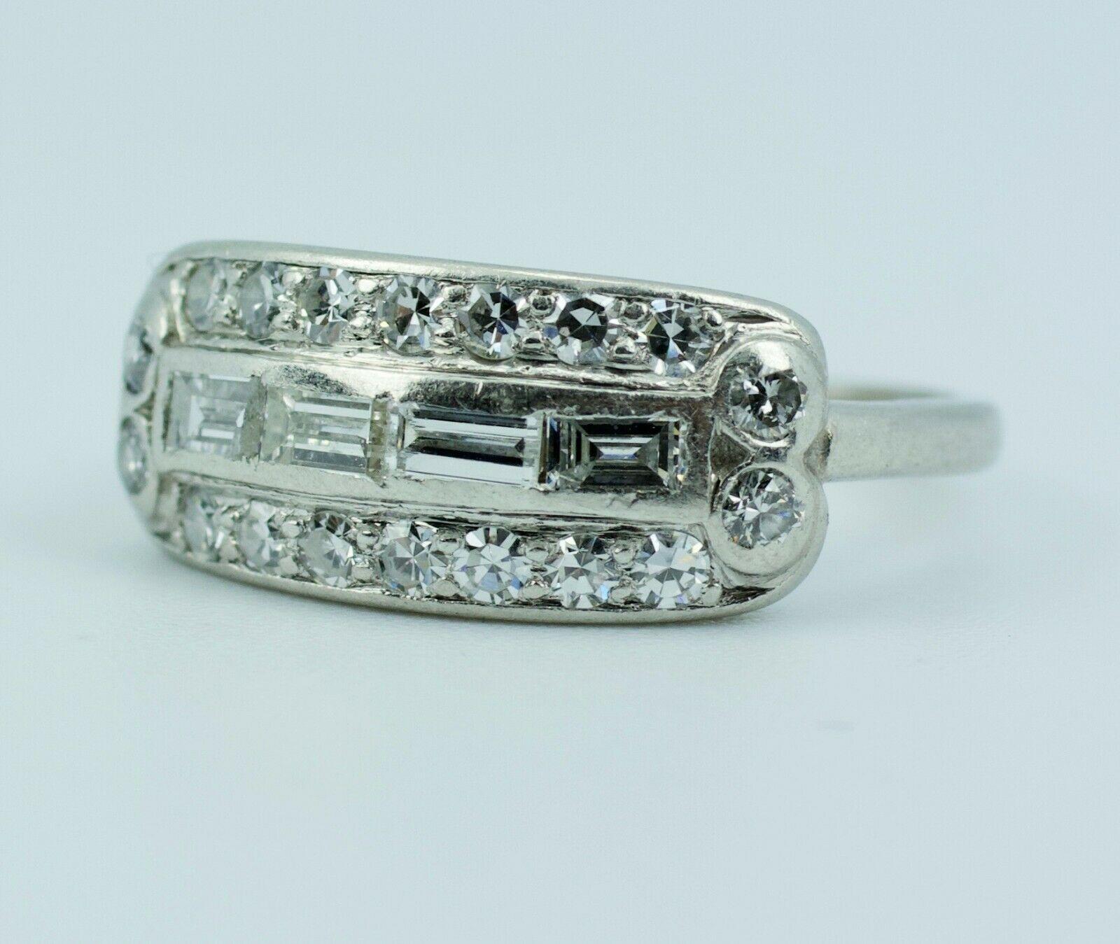 Art Deco Platinum White Baguette Cut Diamonds and Round Single Cut Diamond Band In Fair Condition In Montgomery, AL