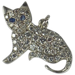 Vintage Art Deco Platinum White Diamond Blue Sapphire Cat Charm Pendant