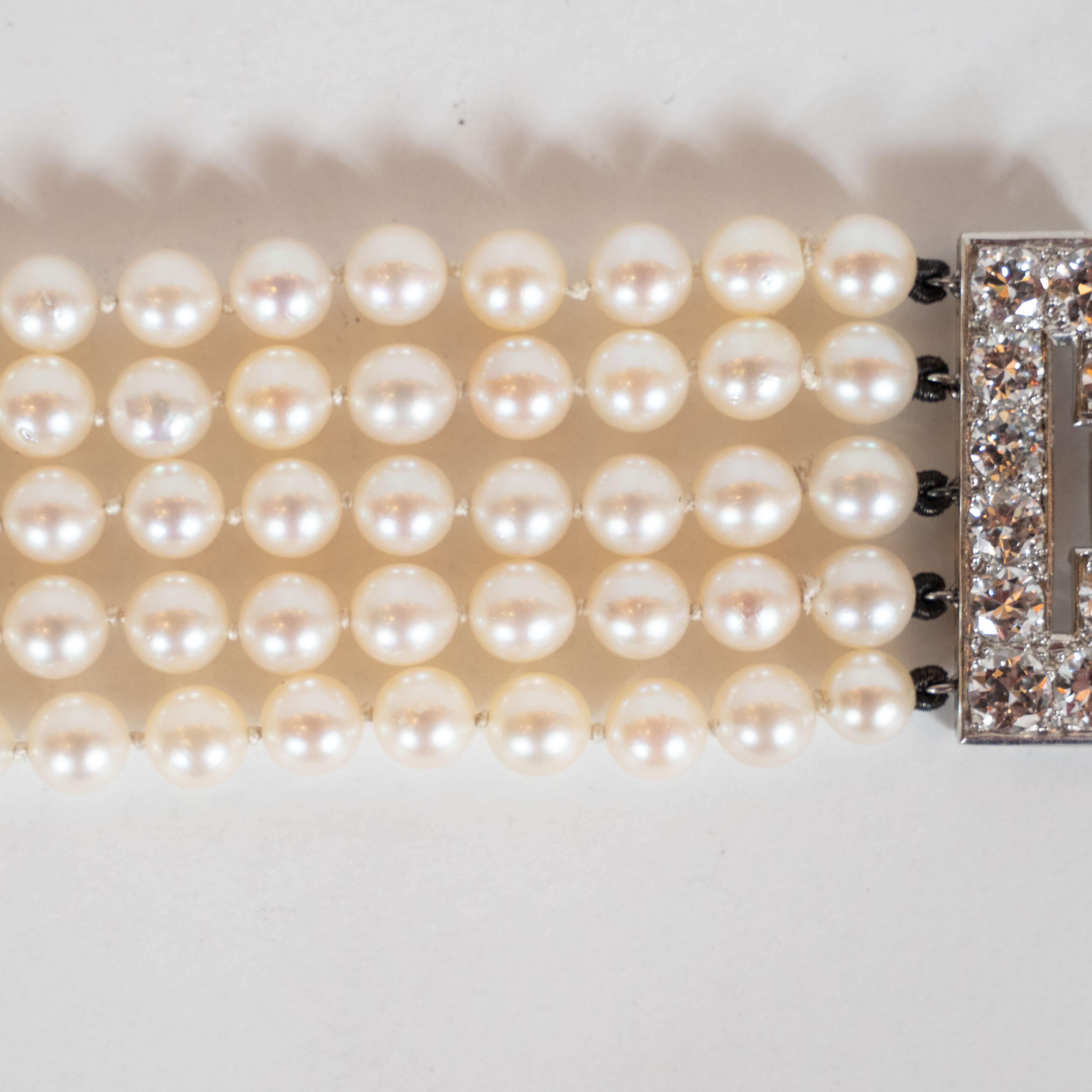 Baguette Cut Art Deco Platinum, White Diamond and Cultured Pearl Strand Bracelet
