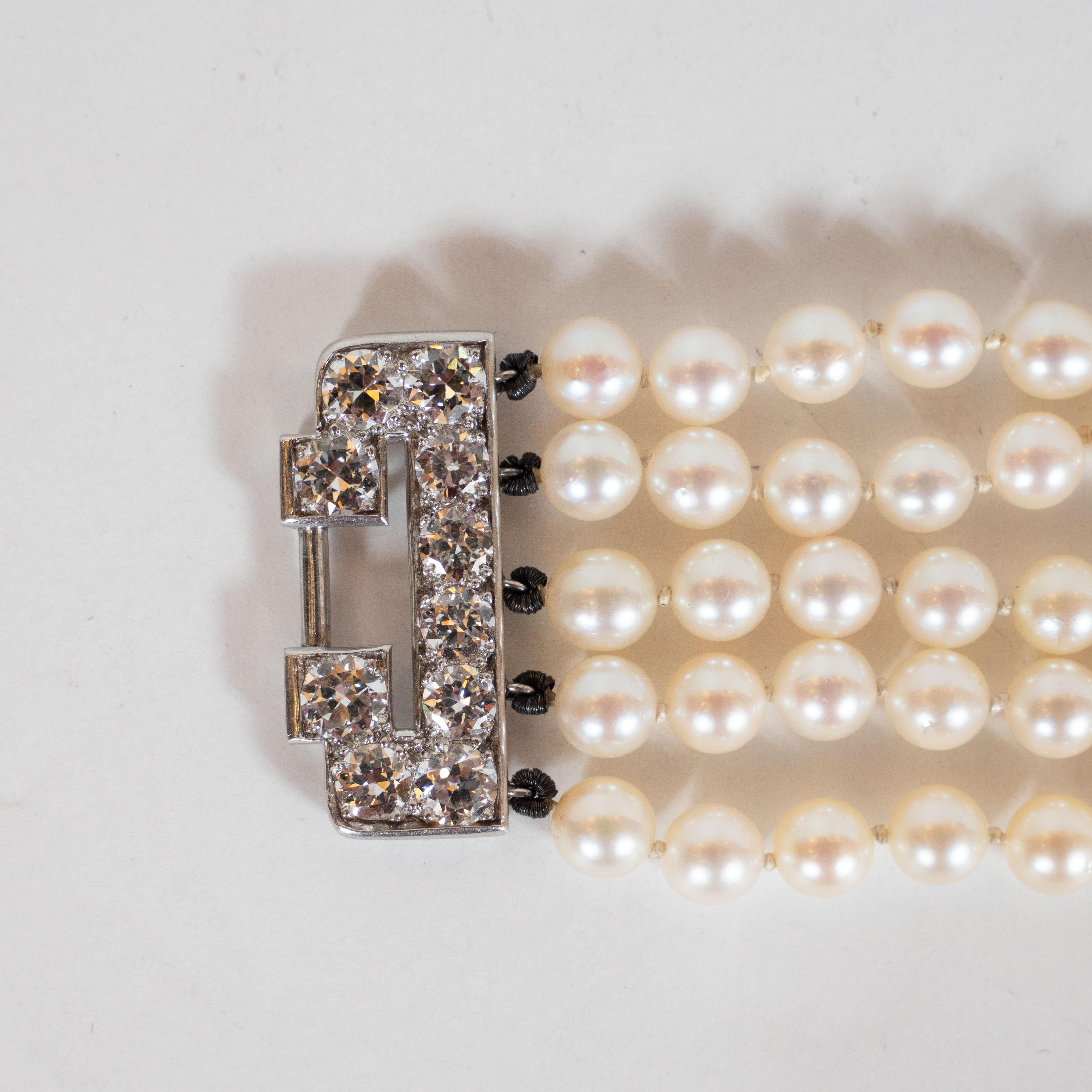 Art Deco Platinum, White Diamond and Cultured Pearl Strand Bracelet In Excellent Condition In New York, NY