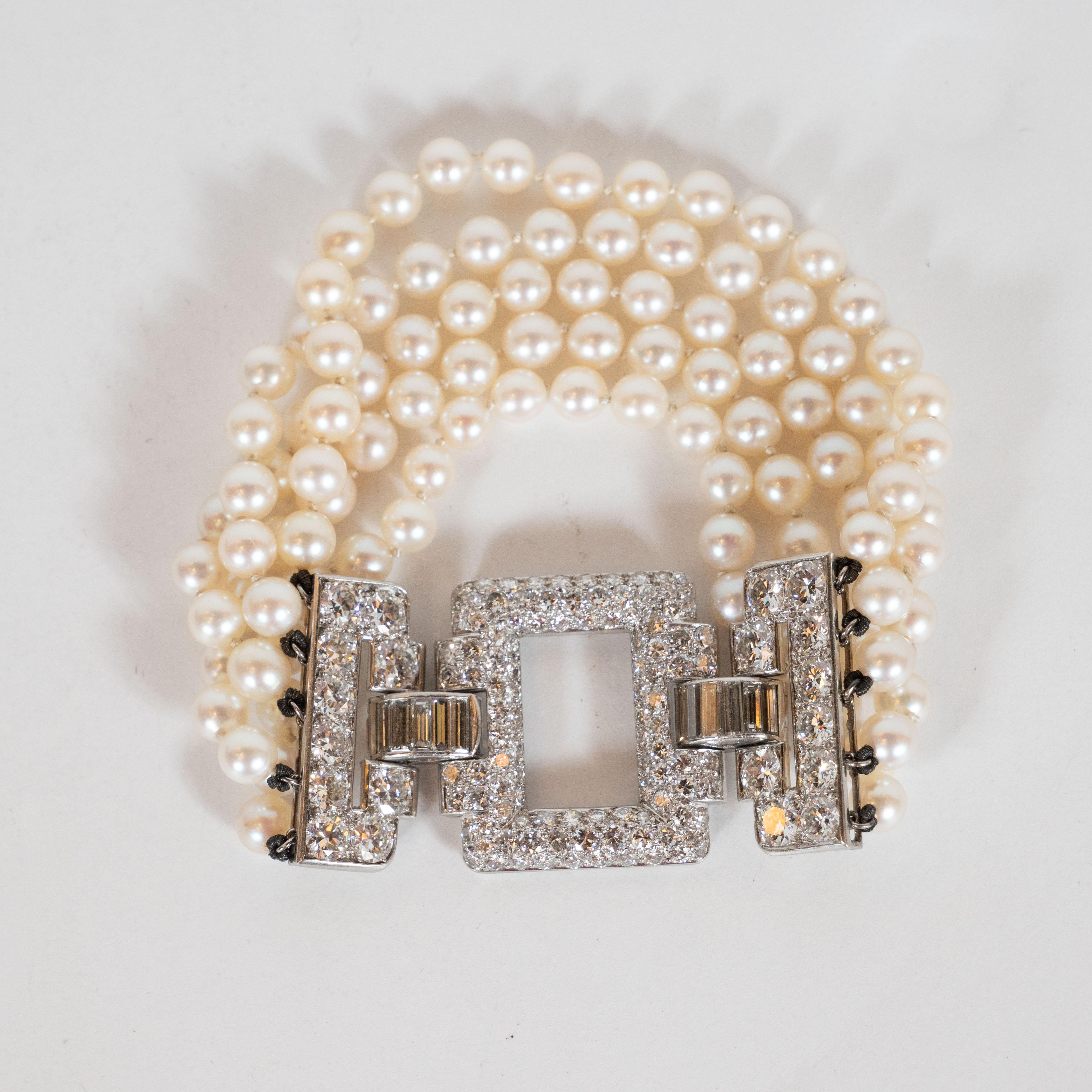 Women's Art Deco Platinum, White Diamond and Cultured Pearl Strand Bracelet