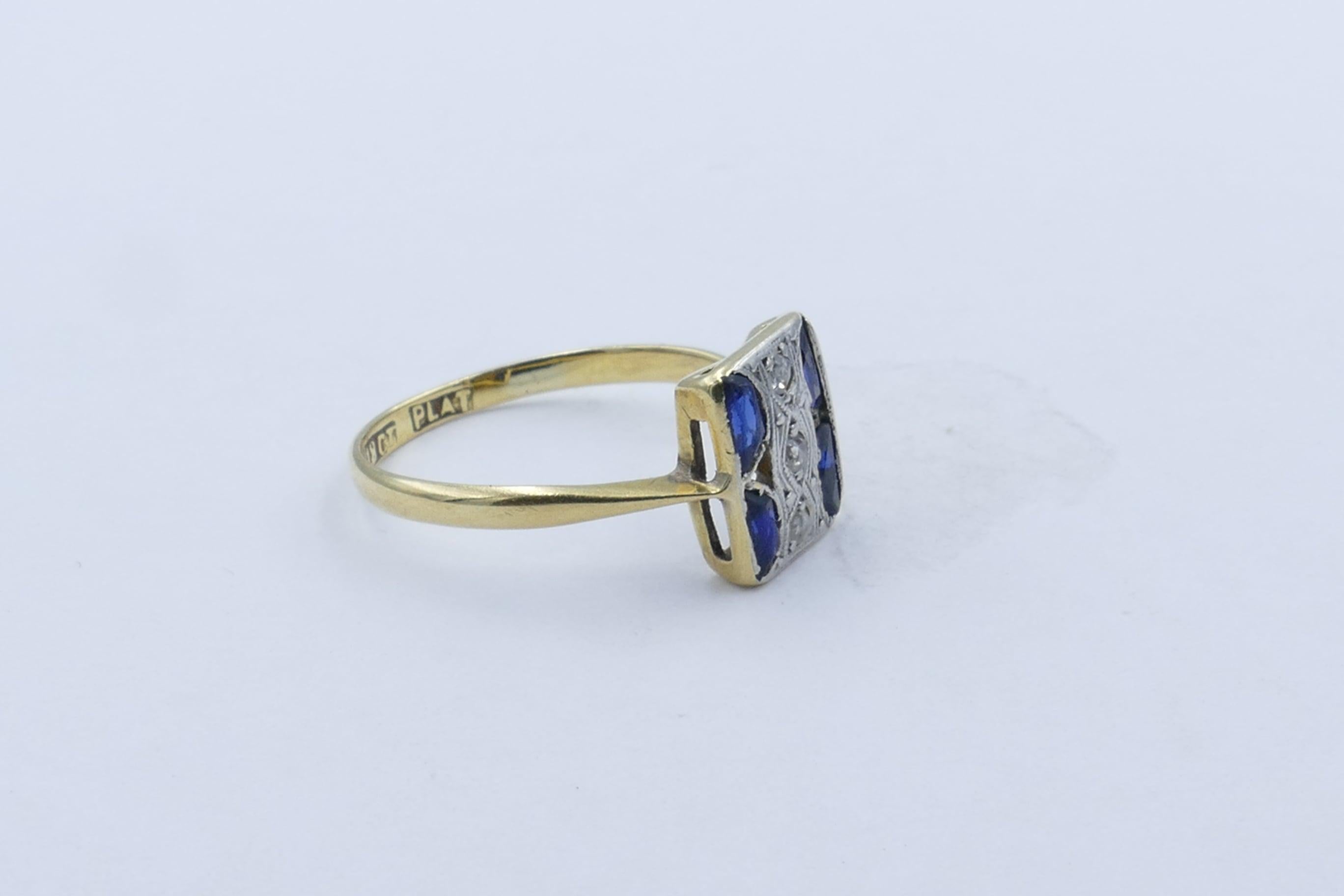 Round Cut Art Deco Platinum and Yellow Gold Diamond and Sapphire Ring For Sale