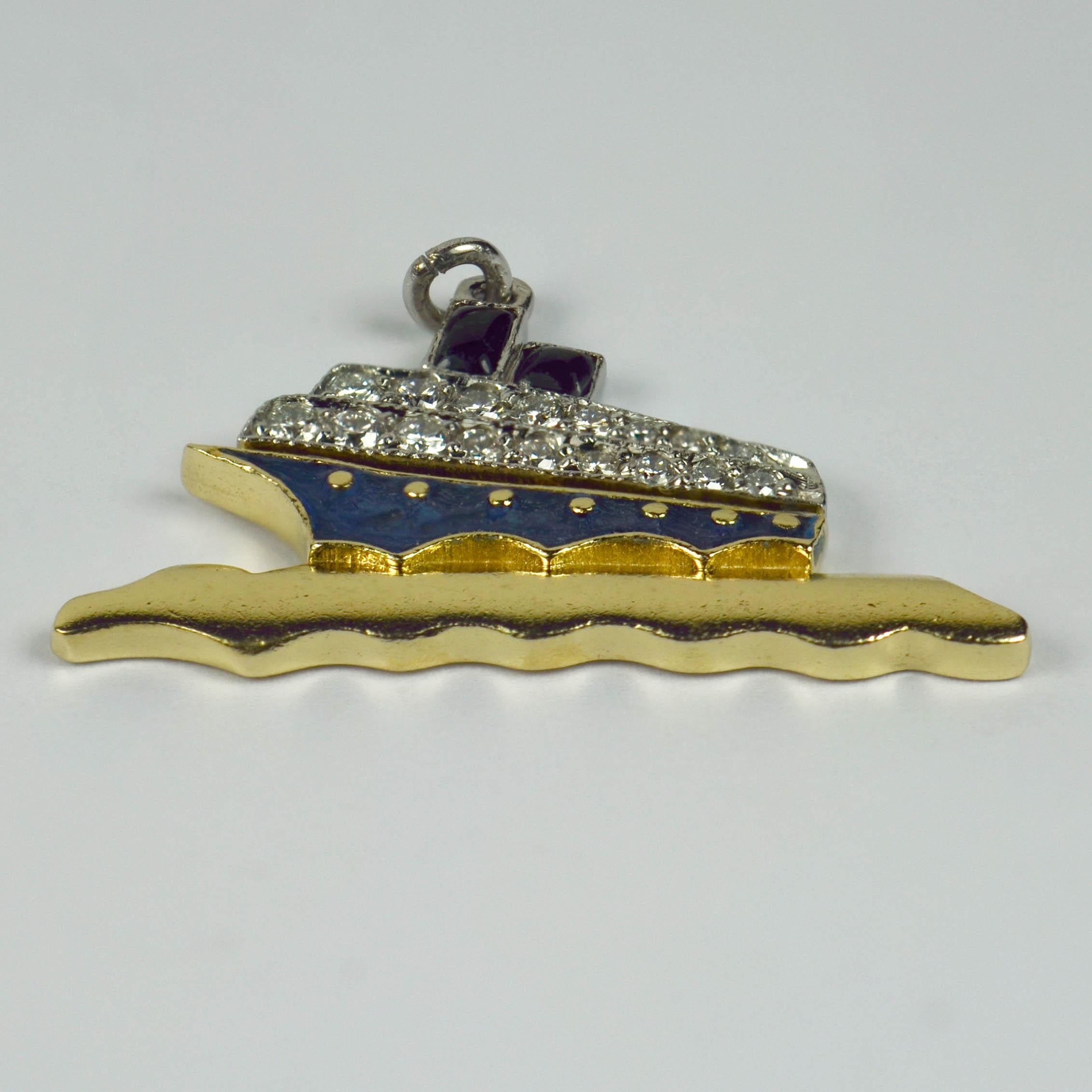 An Art Deco platinum and yellow gold charm pendant designed as an ocean liner with blue and black enamel set with 17 round brilliant cut white diamonds with a total estimated weight of 0.51 carats. Unmarked but tested as platinum and 18 karat