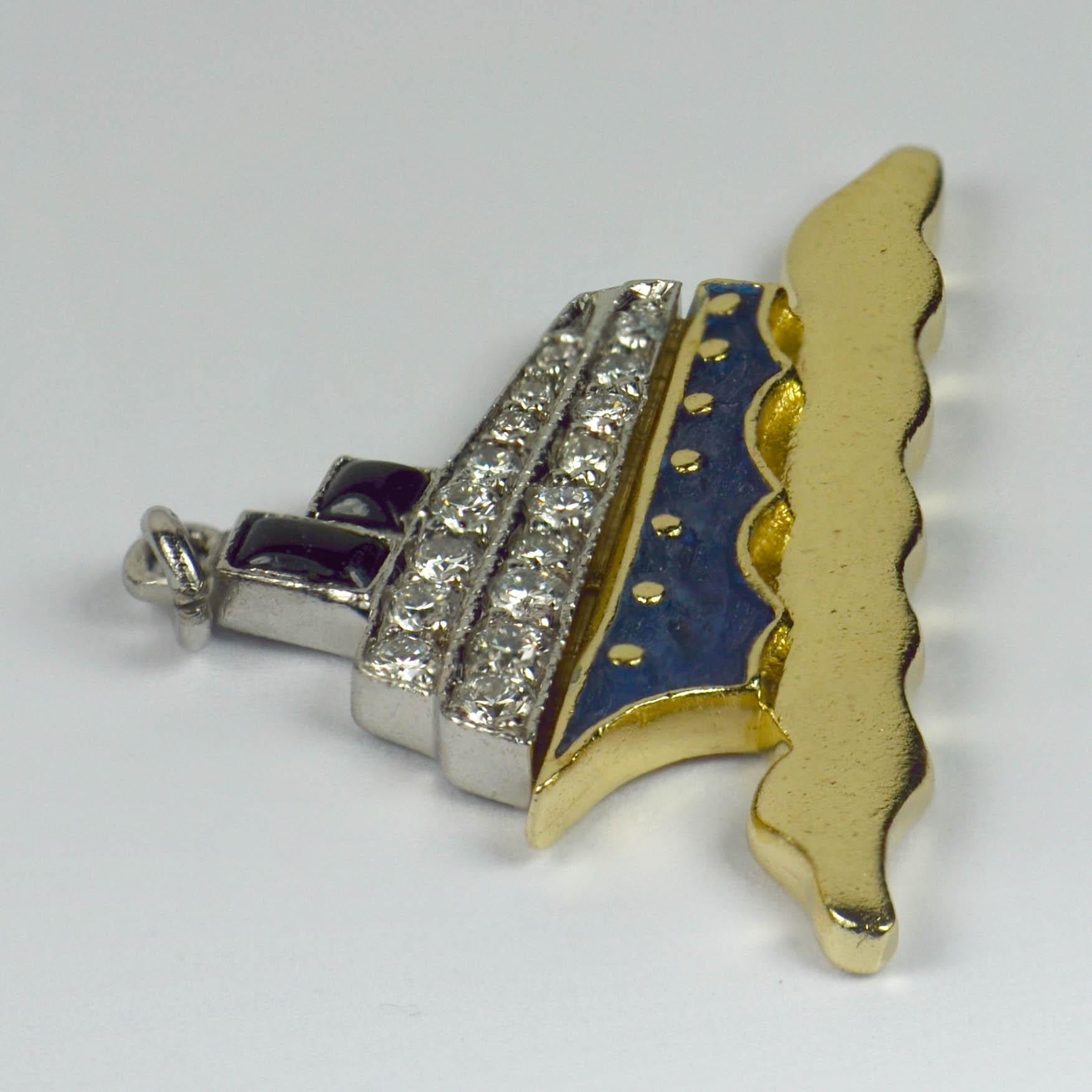 Men's Art Deco Platinum Yellow Gold Enamel Diamond Ocean Liner Charm Pendant