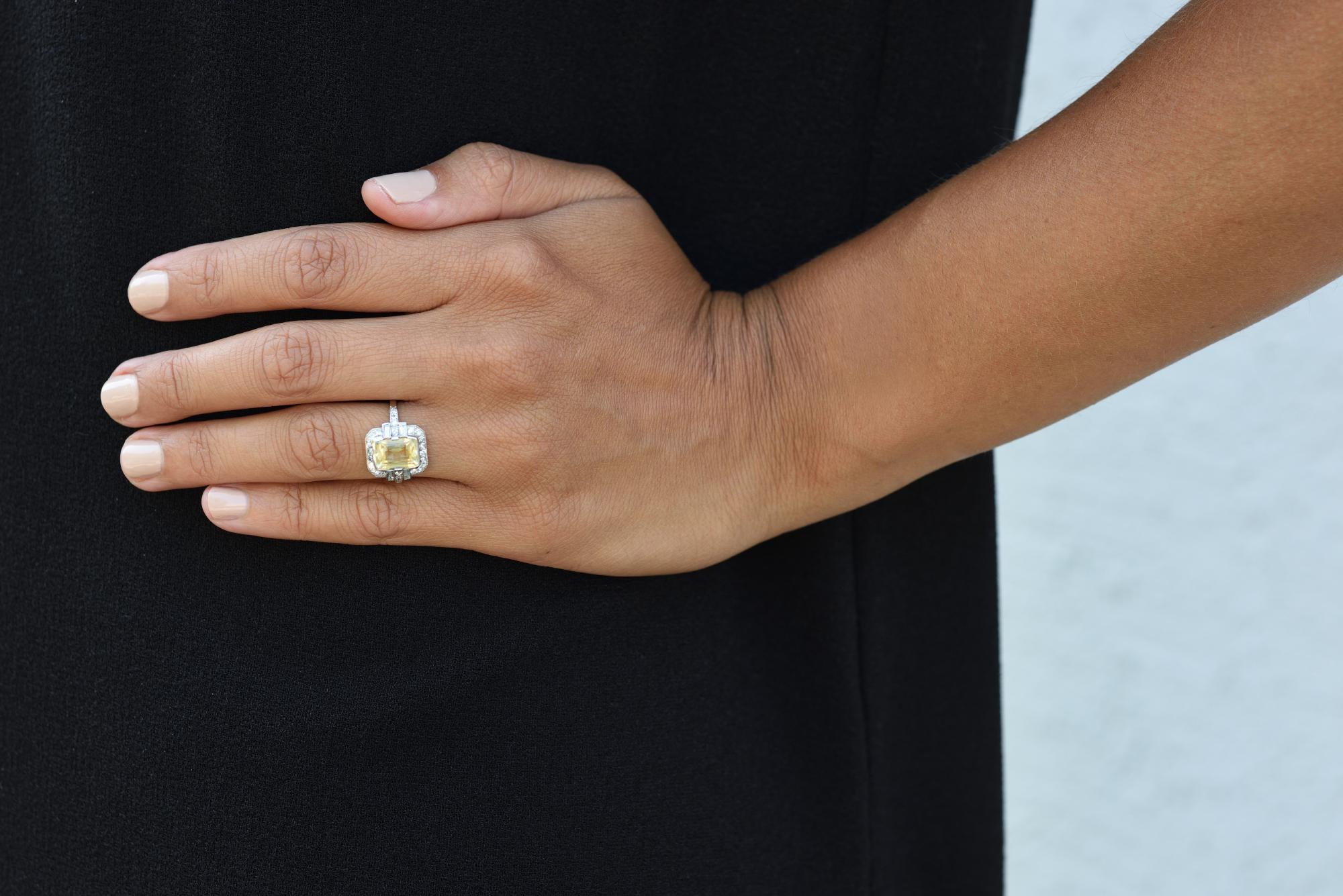 Women's Art Deco Platinum Yellow Sapphire and Diamond Ring