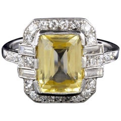 Art Deco Platinum Yellow Sapphire and Diamond Ring