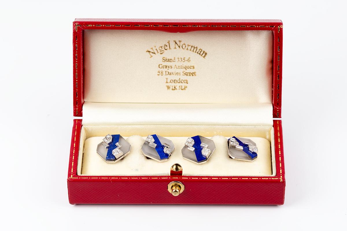 Art Deco Platinum, Lapis Lazuli, Crystal, Diamond French Cufflinks, circa 1930 In Excellent Condition For Sale In London, GB