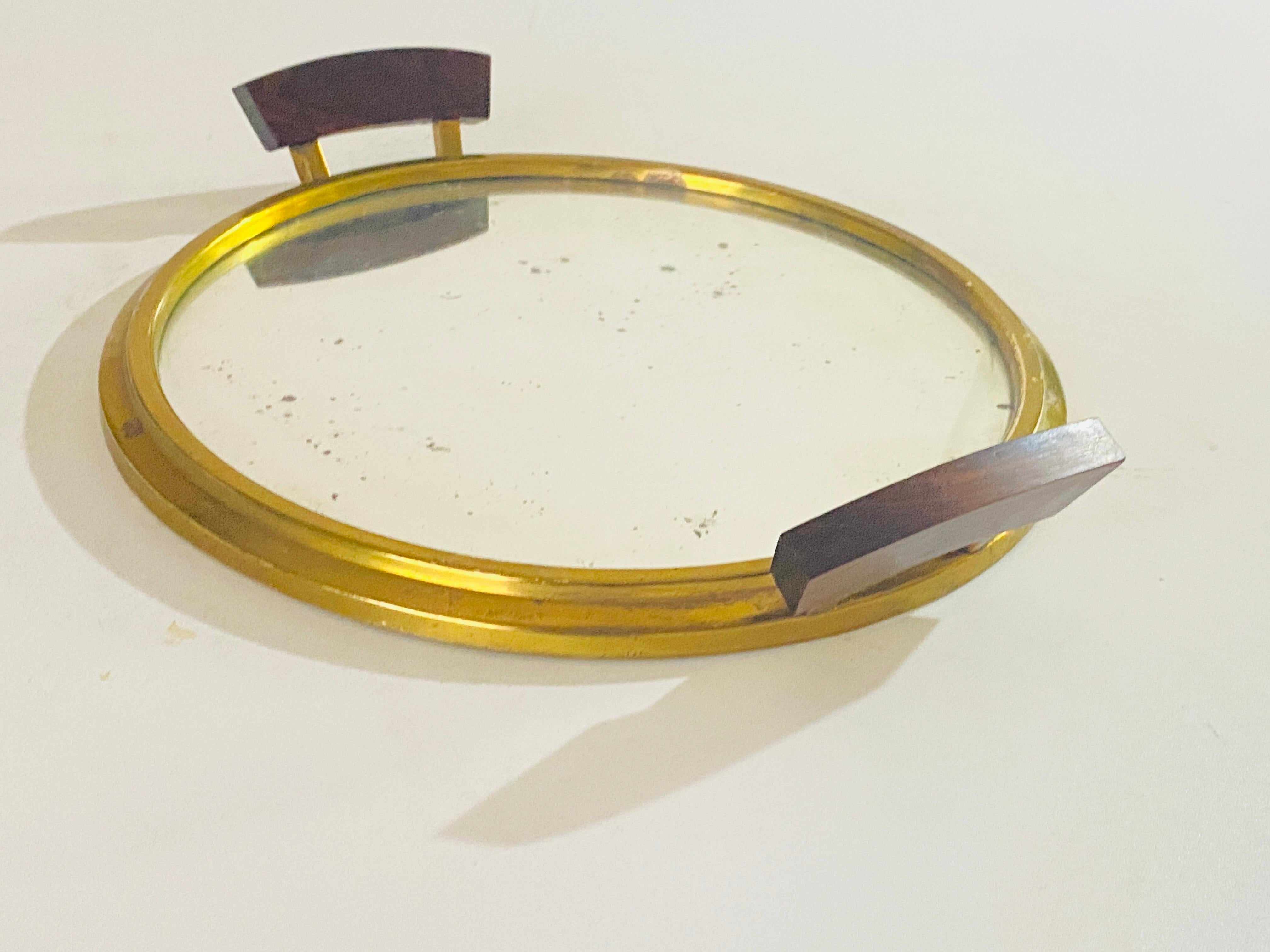Art Deco Platter Tray Brass and Brown Wood Handles and Mirror, France, 1930 For Sale 7