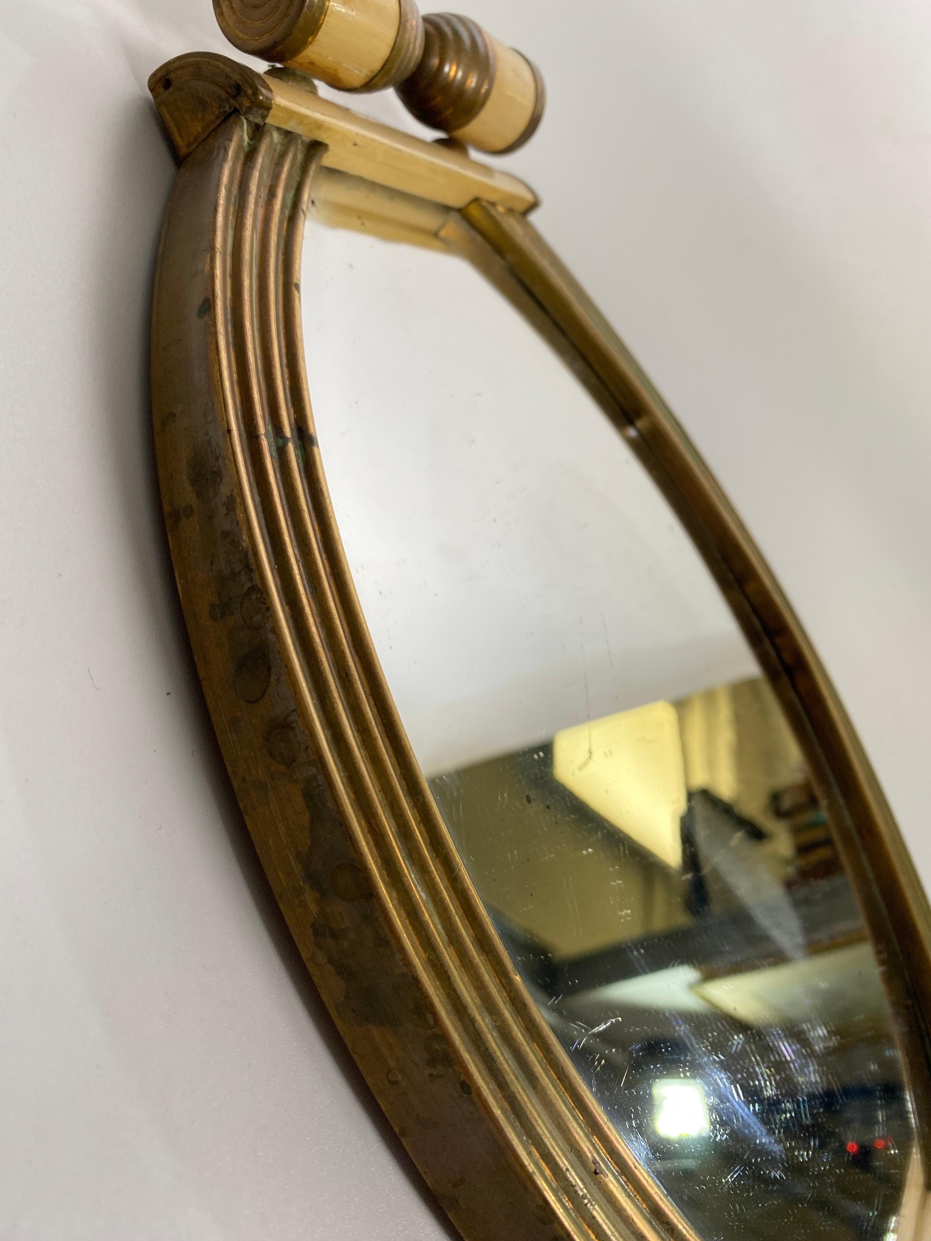 French Art Deco Platter, Tray, Brass, and White Wood, Handles and Mirror, France, 1930 For Sale