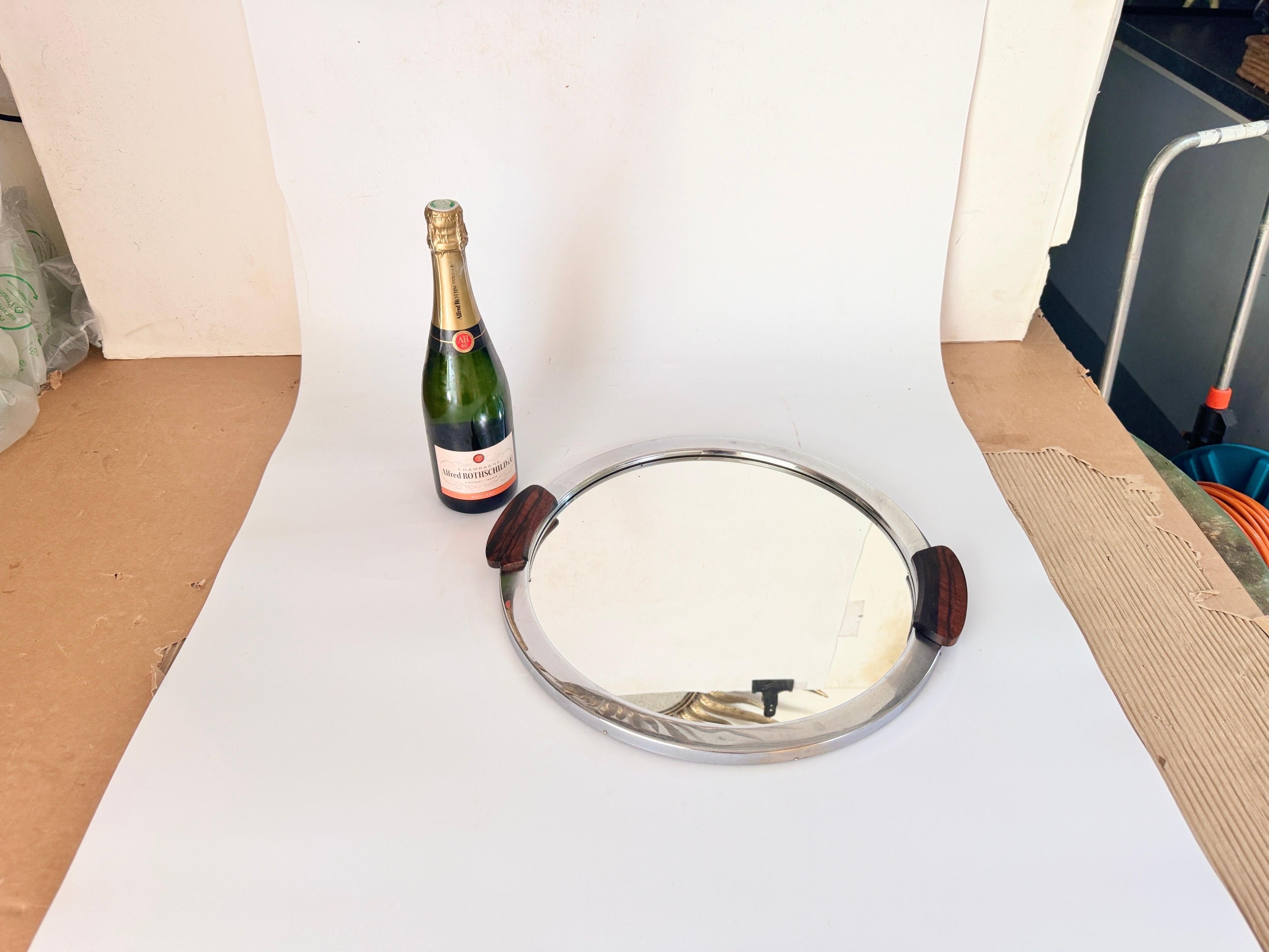 French Art Deco Platter Tray Metal and Brown Wood Handles and Mirror, France, 1930 For Sale