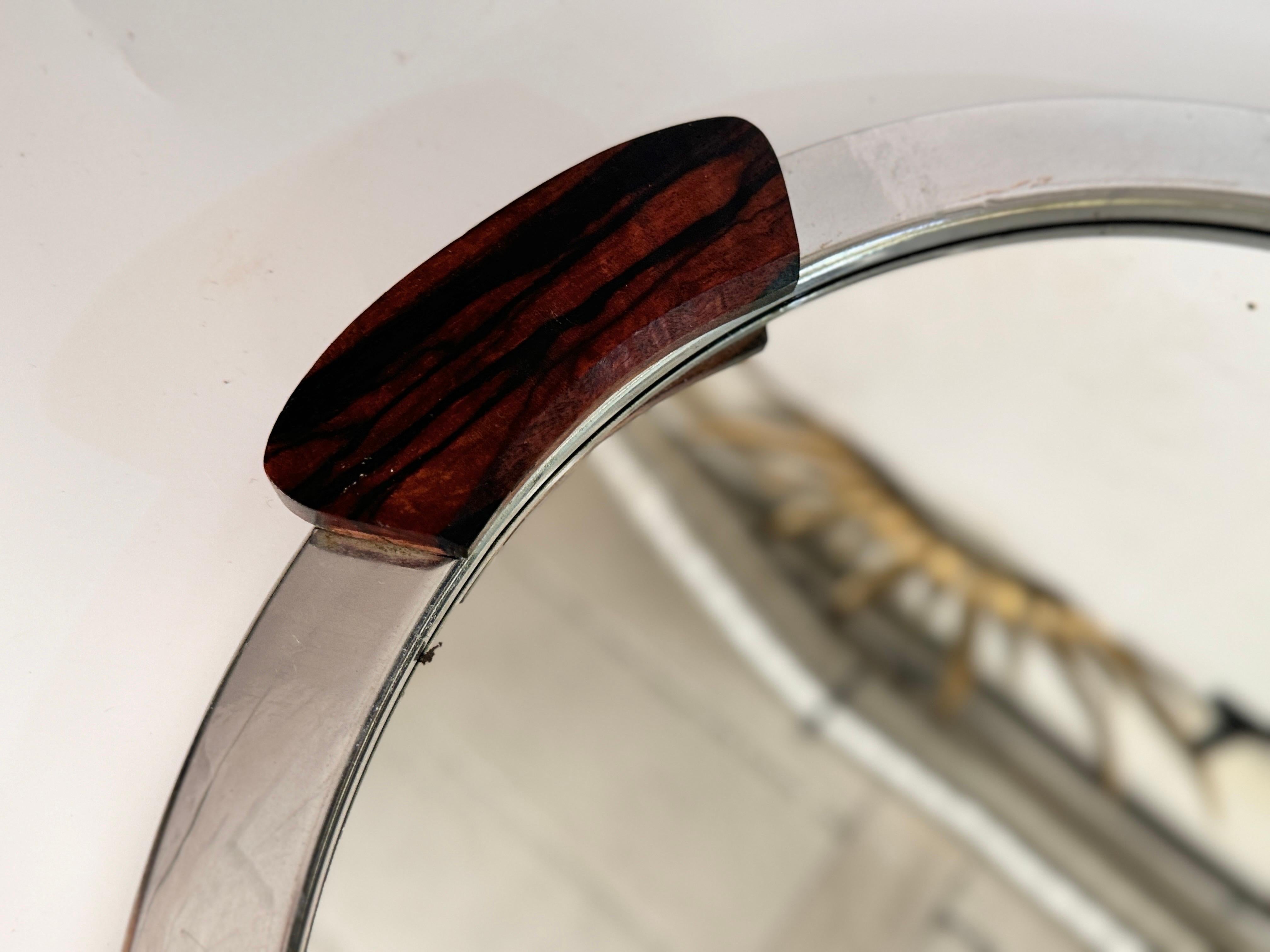Art Deco Platter Tray Metal and Brown Wood Handles and Mirror, France, 1930 For Sale 1