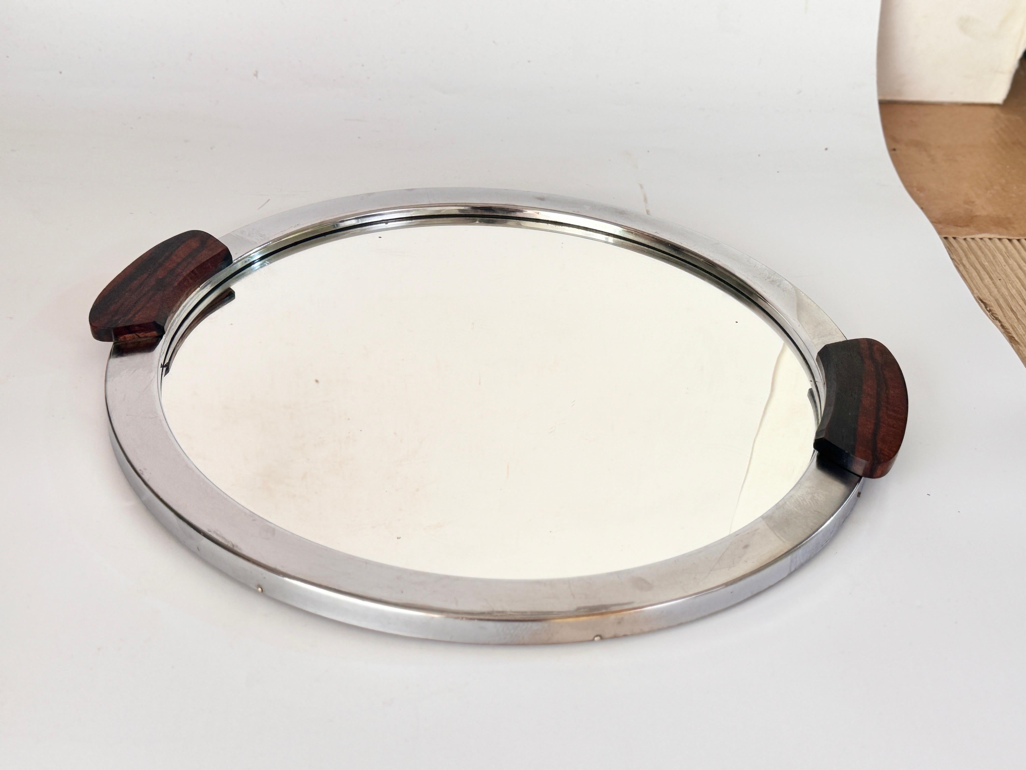 Art Deco Platter Tray Metal and Brown Wood Handles and Mirror, France, 1930 For Sale 3