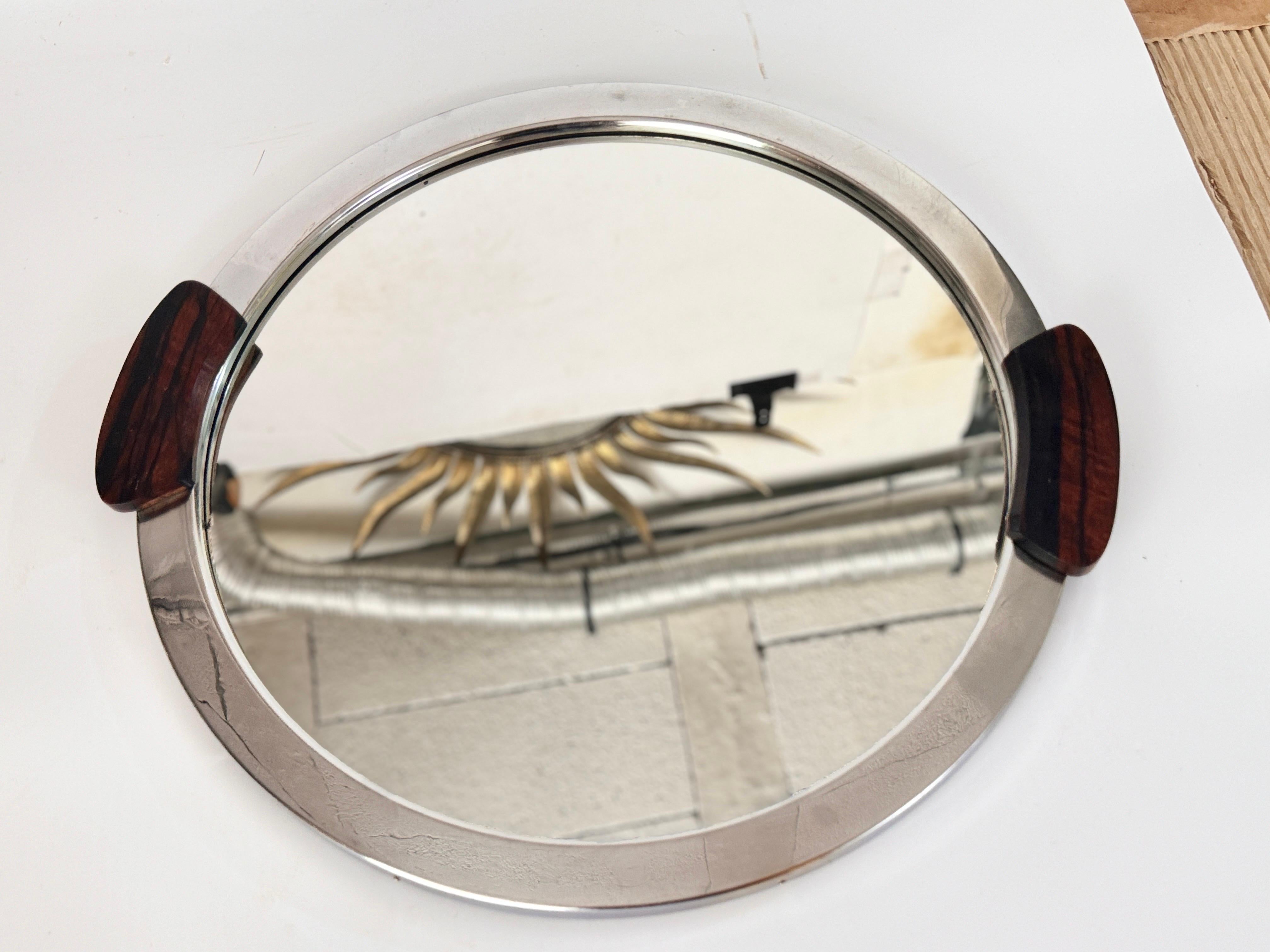 Art Deco Platter Tray Metal and Brown Wood Handles and Mirror, France, 1930 For Sale 4