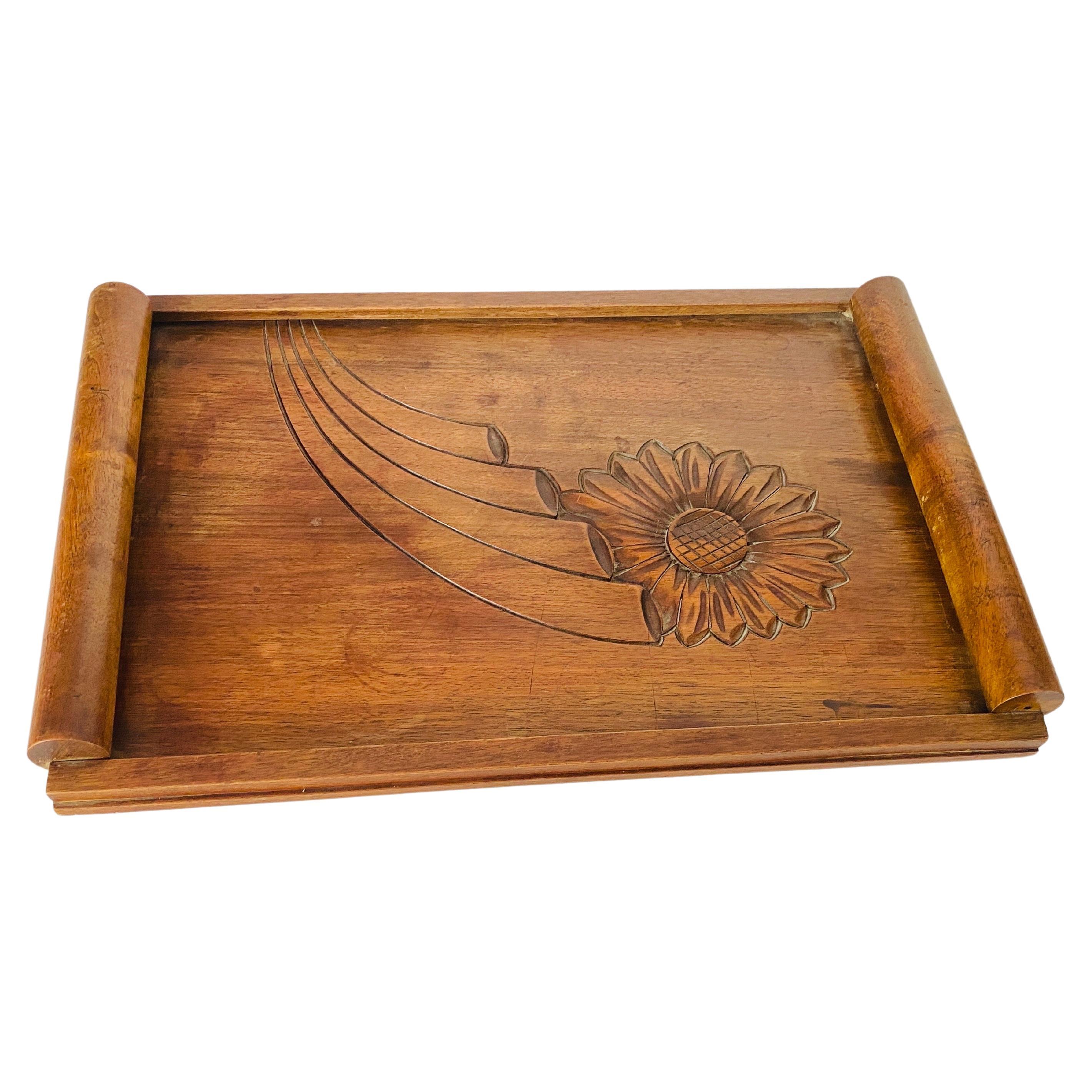 Art Deco Platterin Wood, Brown Color, France circa 1940, Hand Carved For Sale