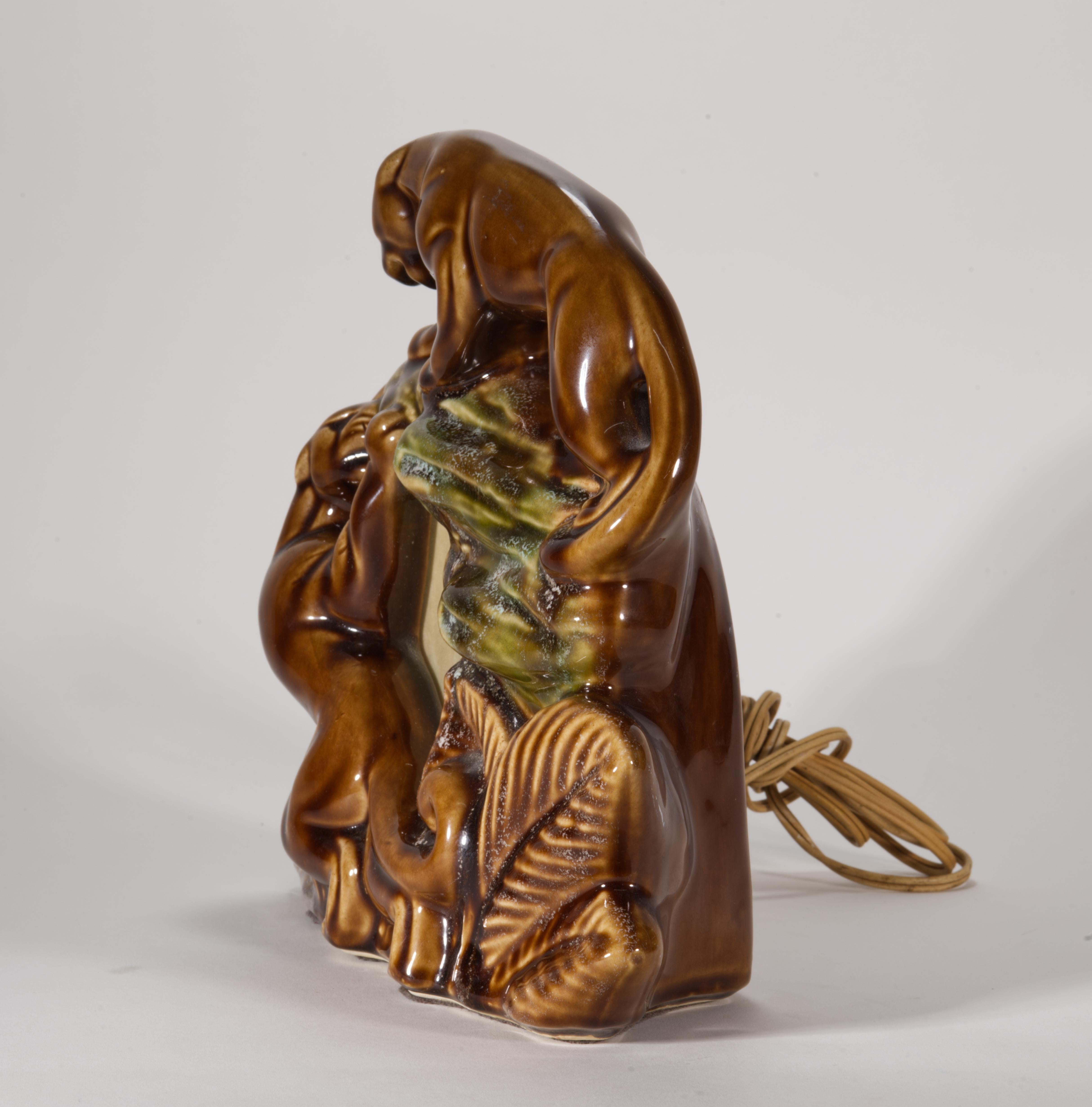 Glazed Art Deco Playing Panthers Cats Desk or TV Lamp, 1950s