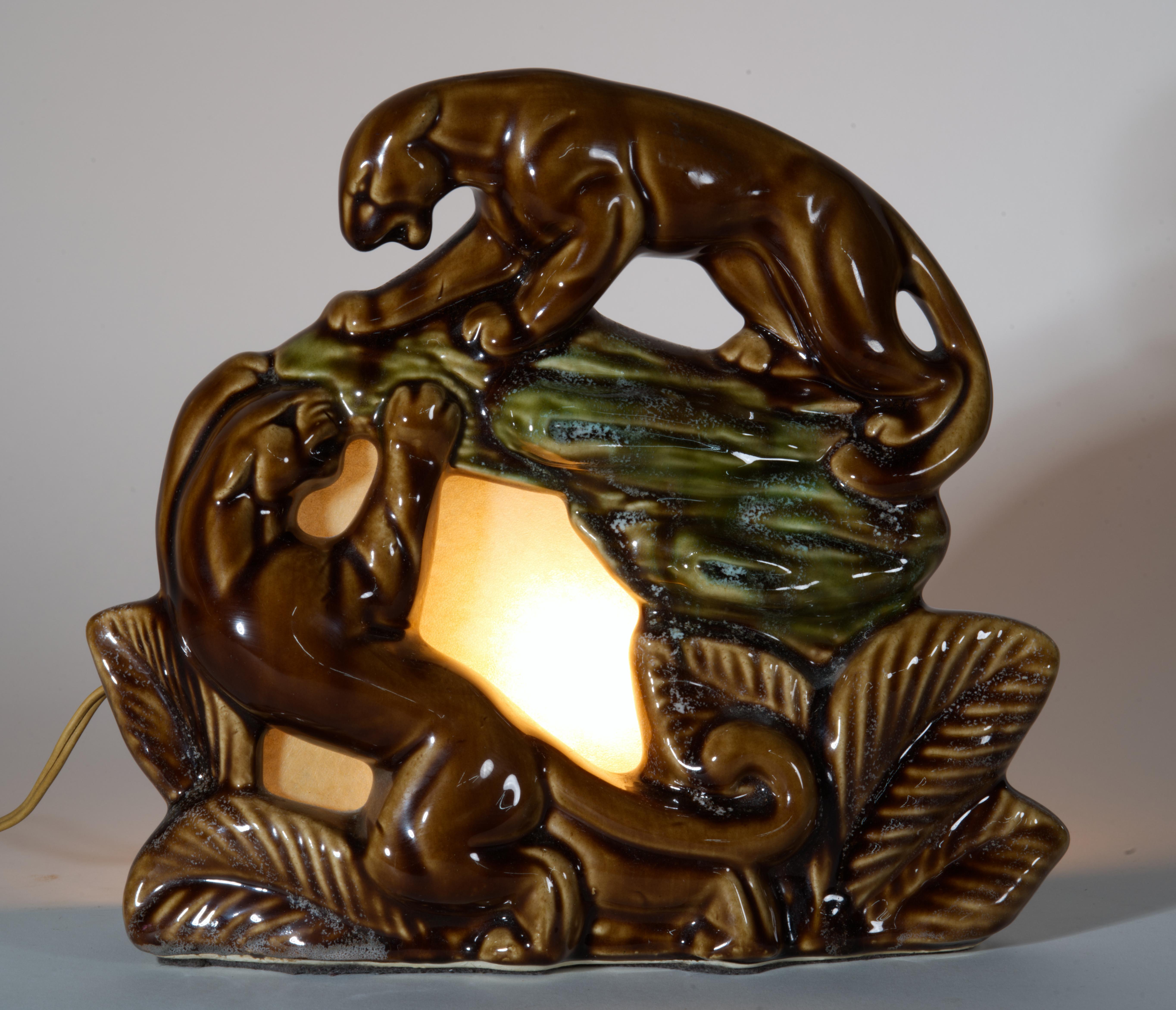 Ceramic Art Deco Playing Panthers Cats Desk or TV Lamp, 1950s