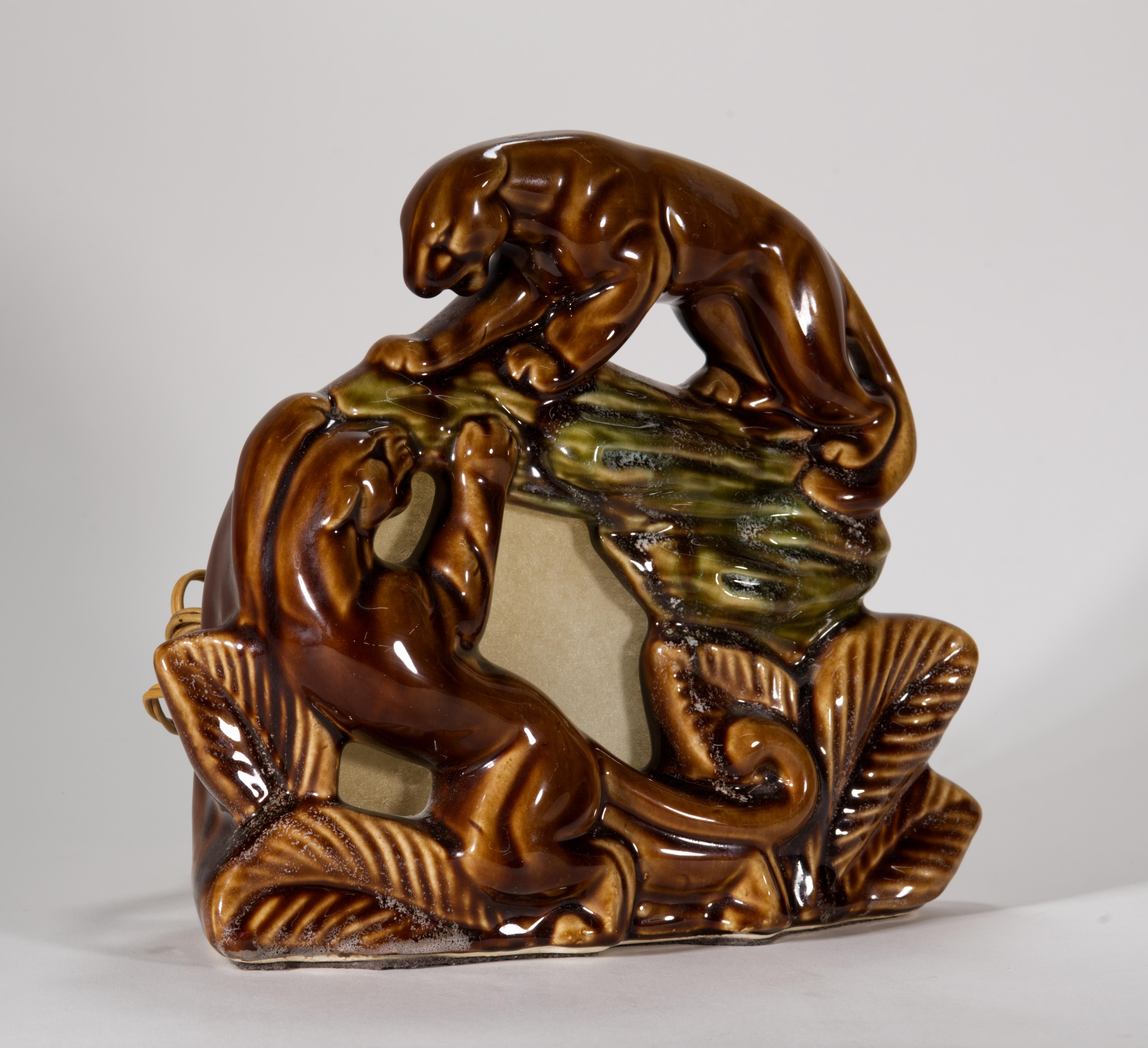 Art Deco Playing Panthers Cats Desk or TV Lamp, 1950s 1